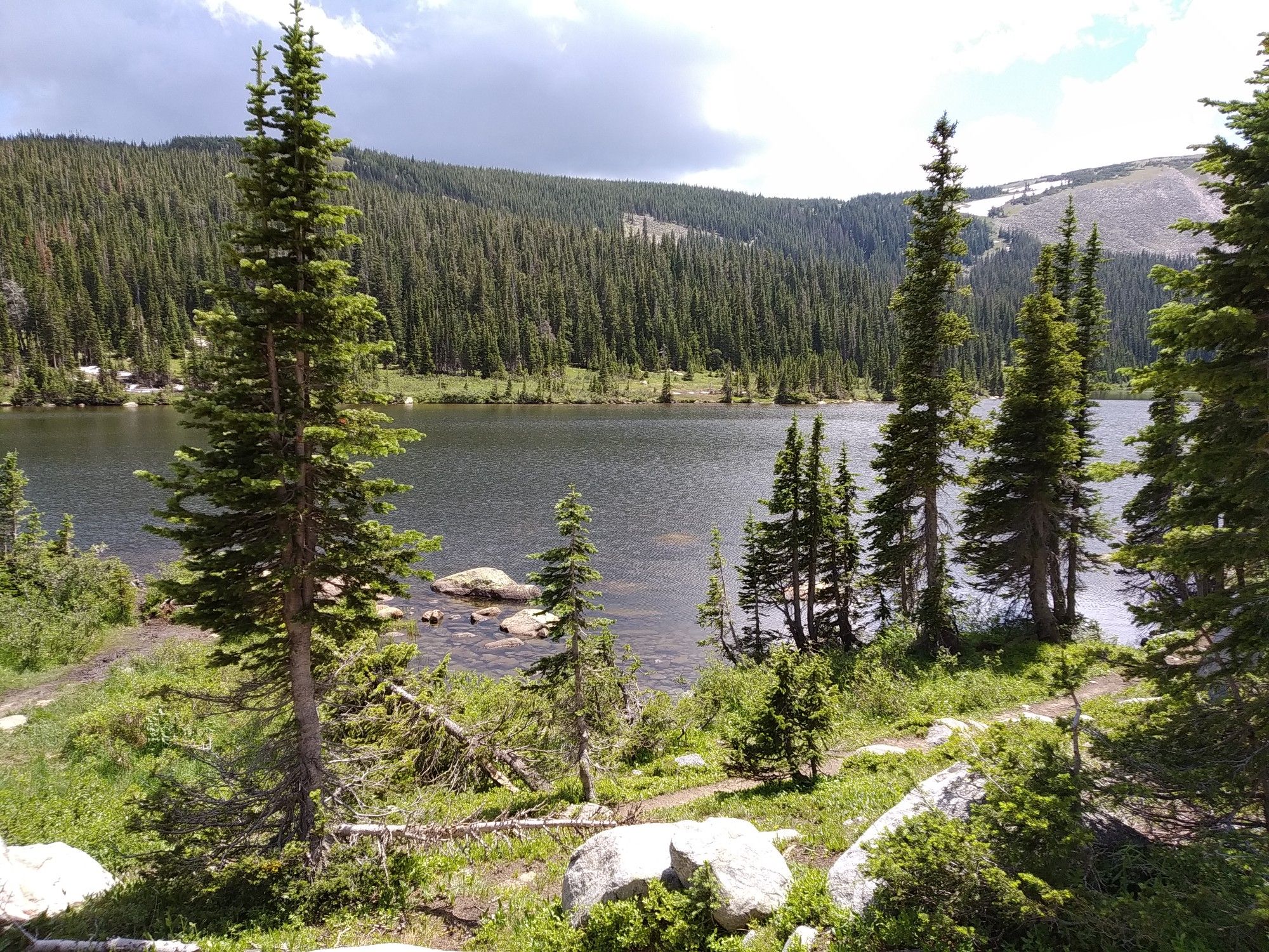 Serene lake surrounded by tall pine trees and distant mountains. - Pawnee Pass Trail