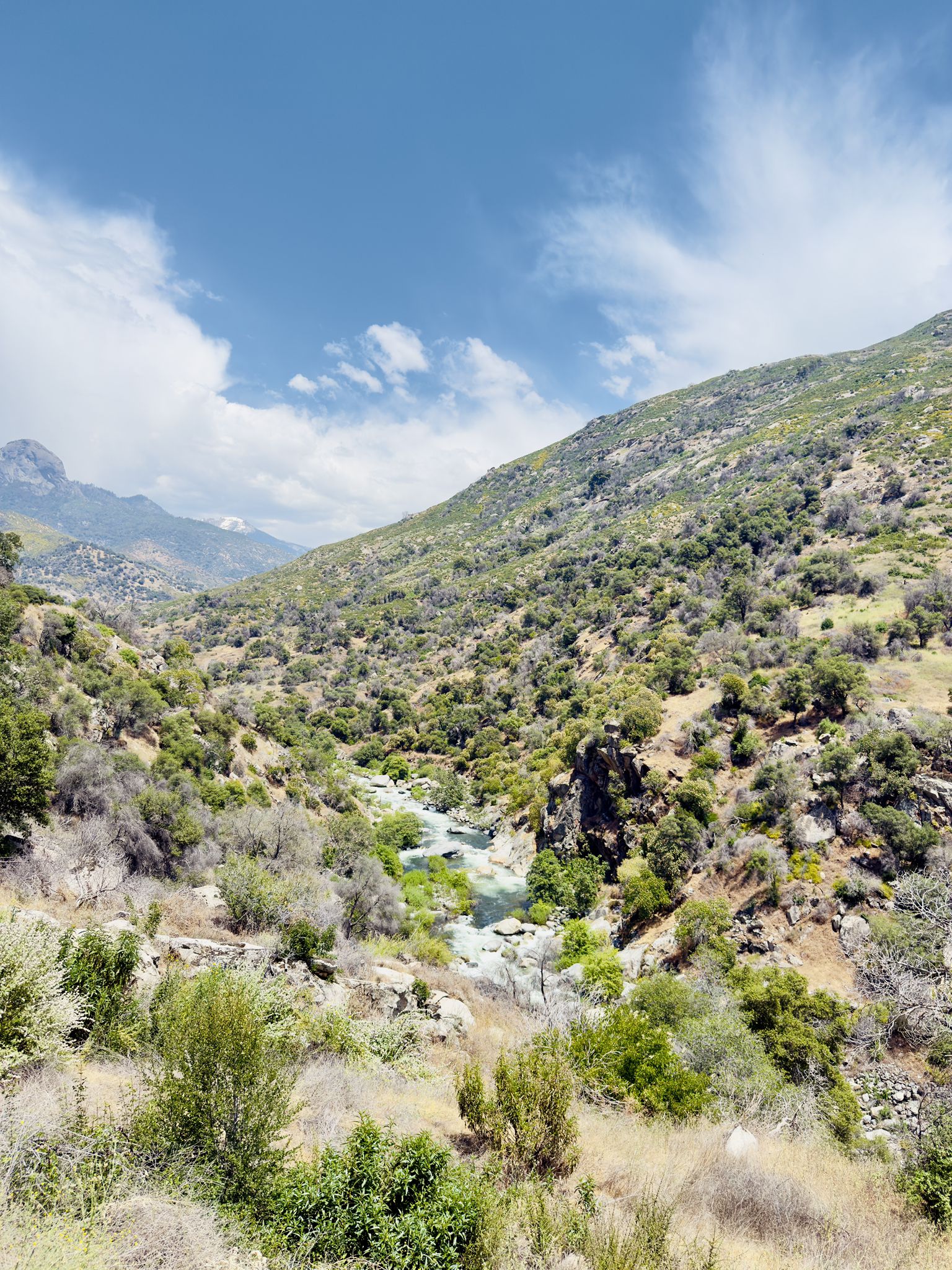 A river winds through a dry, rocky valley under a blue sky. - View from Beetle Rock – Giant Forest Museum loop from Casa Mendoza - Three Rivers