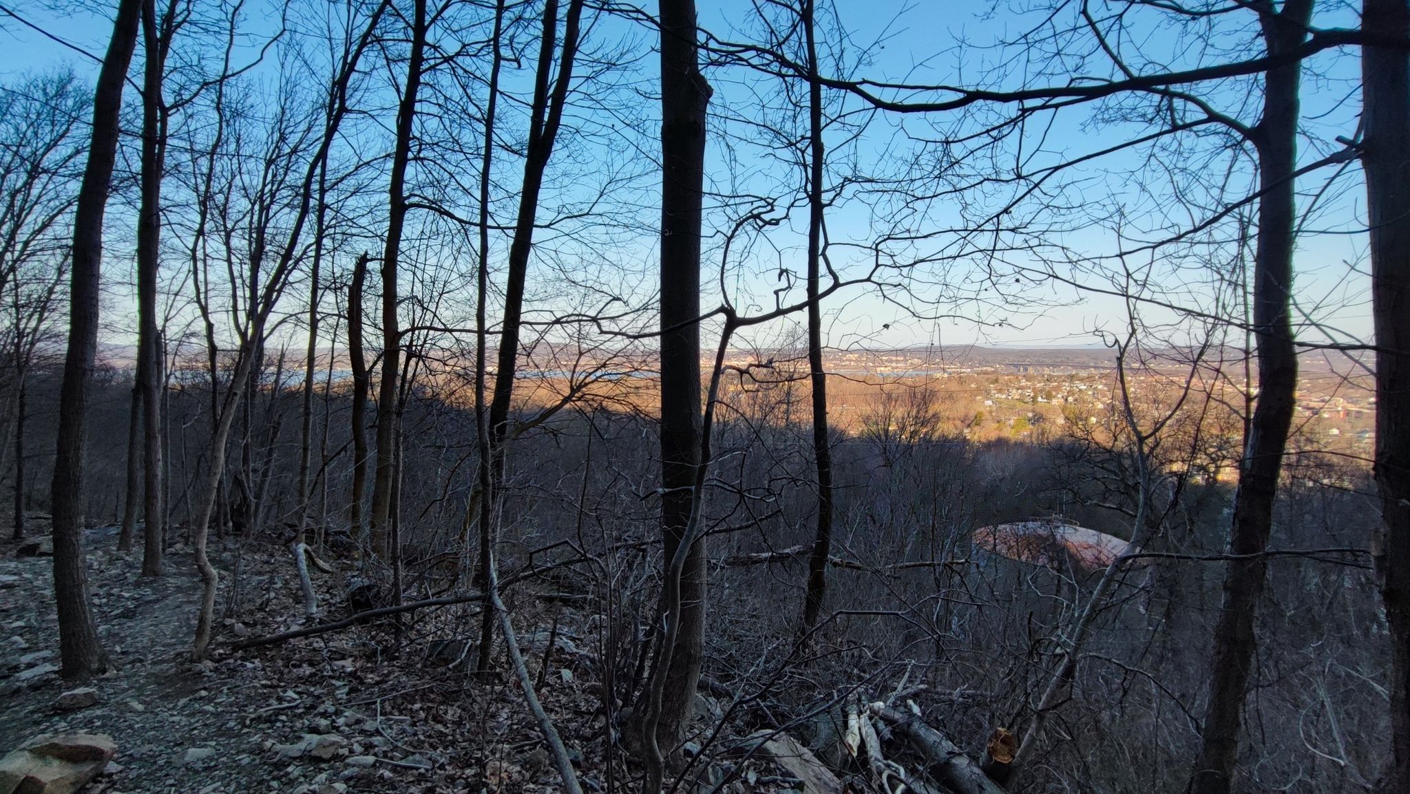 Bare trees overlook a distant town with lights under a twilight sky. - Mount Beacon Park – Stairs loop from City of Beacon