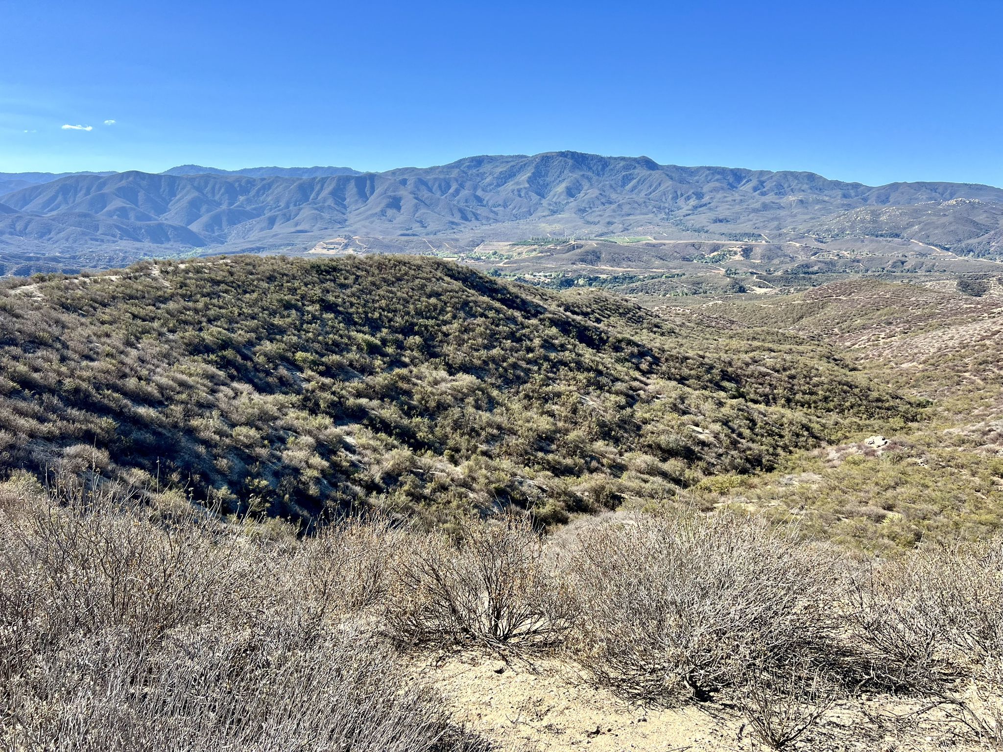 Rolling hills covered in dry brush, with distant mountains under blue sky. - Oak Mountain – Gravel Road loop from Dripping Springs