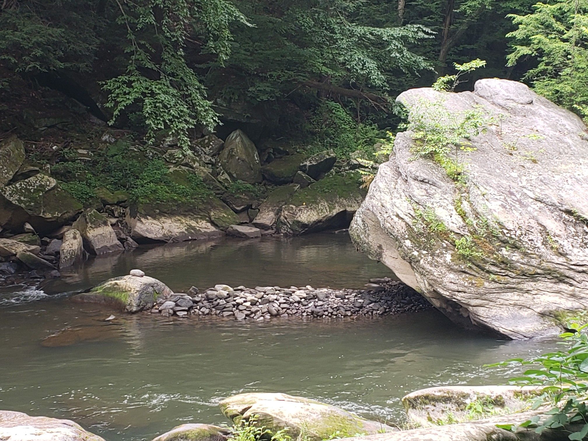 A calm river flows past large boulders and a small rock dam. - Lawrence County High Point – McConnells Mill State Park loop from Hells Hollow Falls