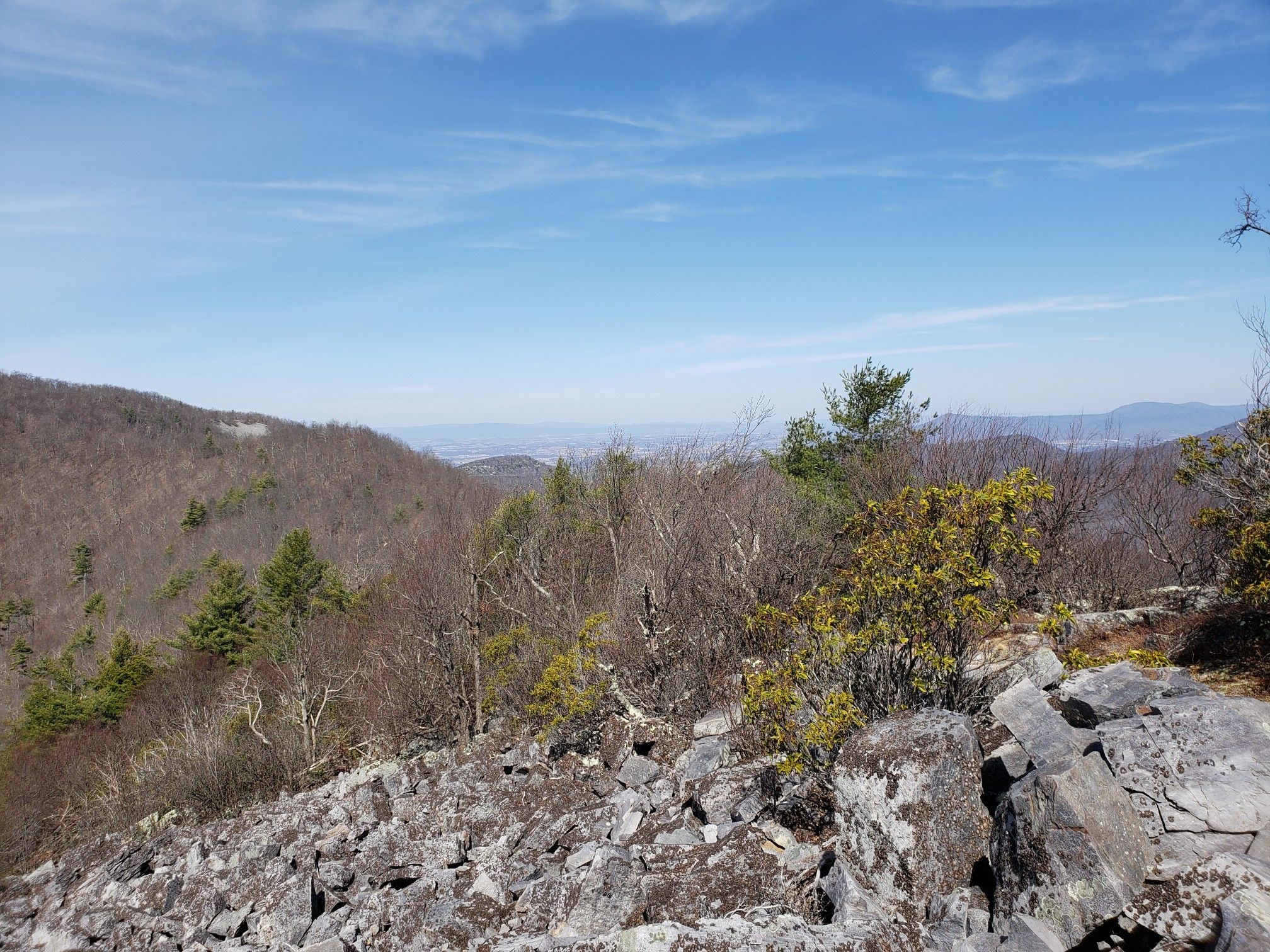 Sunny mountain vista with rocky foreground and distant forested hills. - Austin Mountain and Furnace Mountain Loop