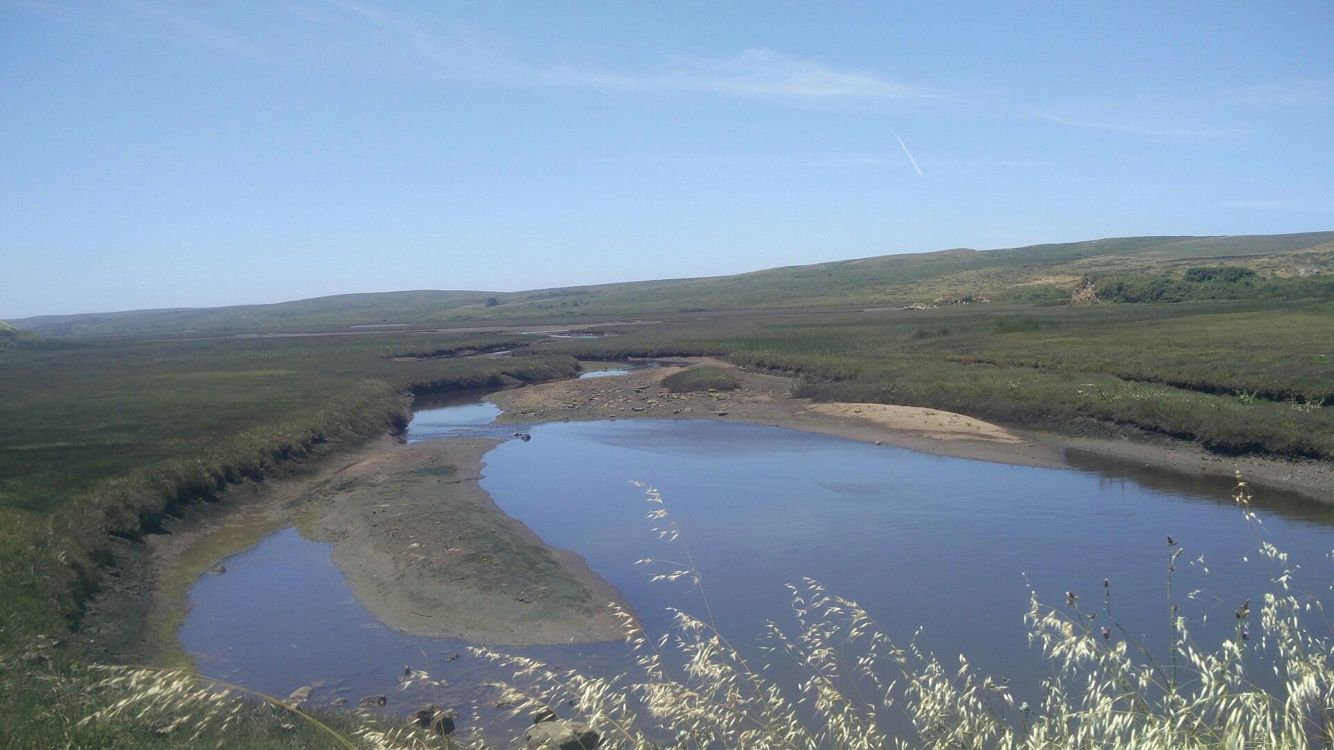 Wide, shallow river winding through expansive grassy plains under a clear blue sky. - Sea Lion Overlook via Sir Francis Drake Blvd.