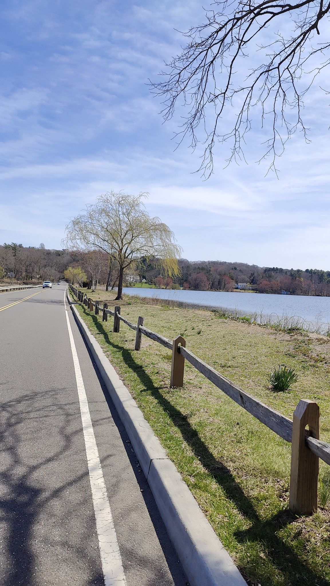Sunny road beside a lake with a wooden fence and bare trees. - Muttontown Road – Welwyn Preserve County Park loop from Hicksville