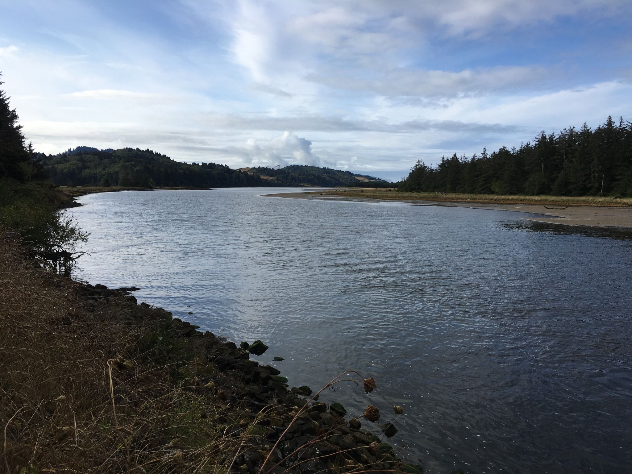 A wide river flows past forested hills under a partly cloudy sky. - Winema Beach Viewpoint – Devil's Lake loop from Cascade Head Scenic Research Area