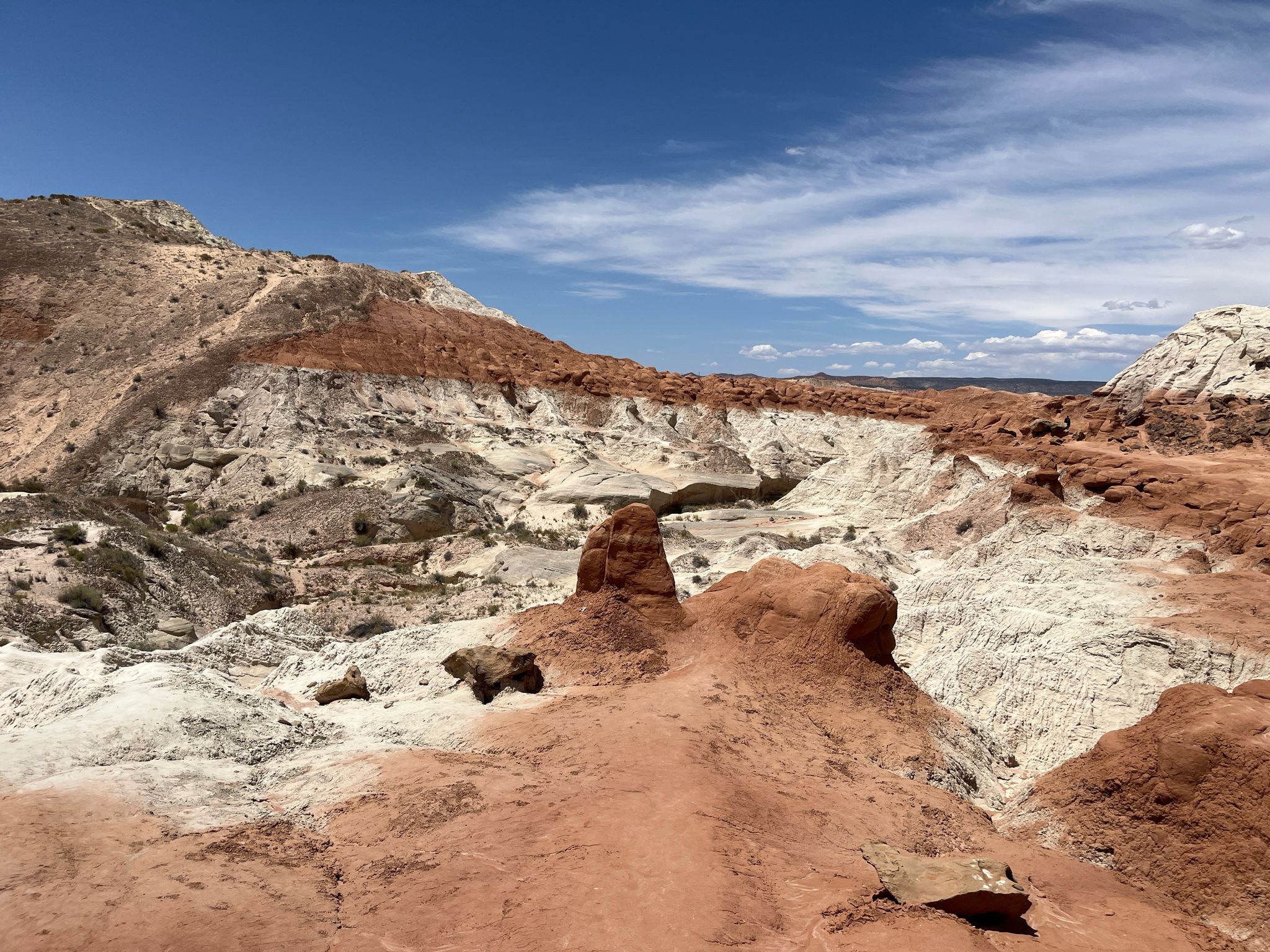 Expansive desert landscape with red and white layered hills under a partly cloudy sky. - Rock Formation – Toadstool Hoodoos loop from The Rimrocks