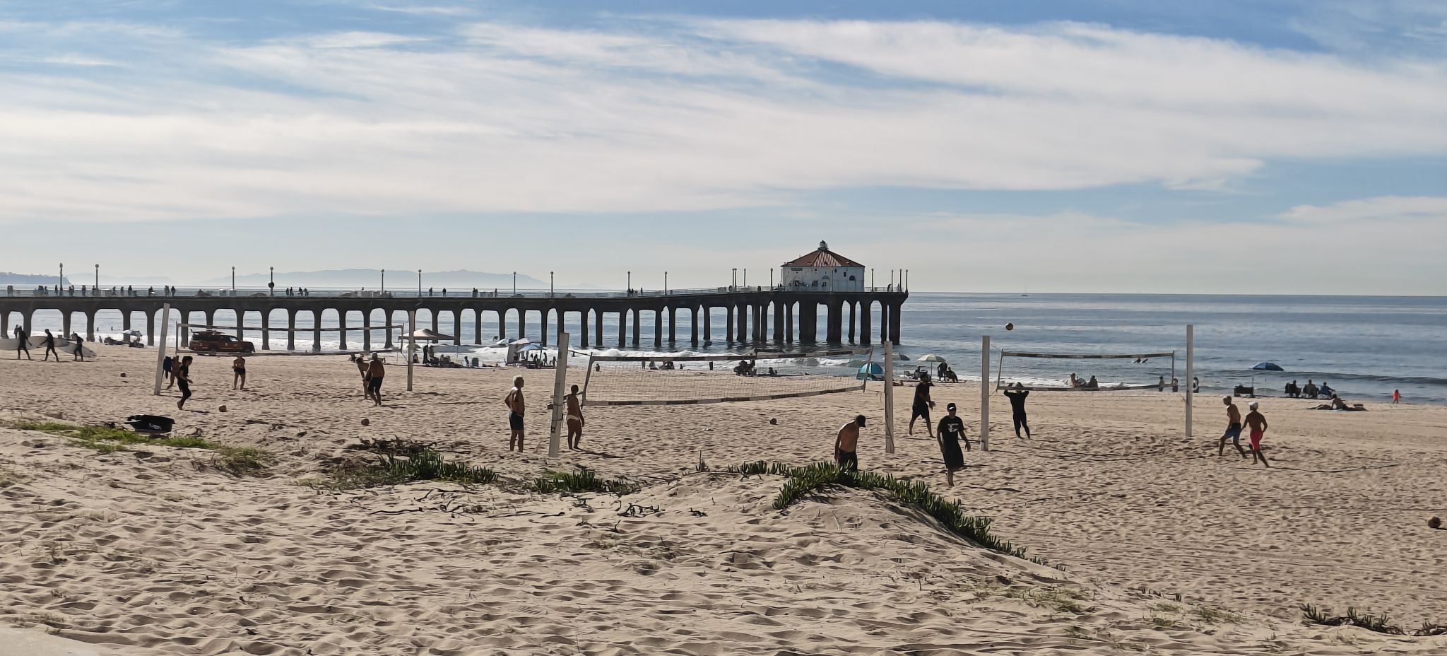 People playing beach volleyball on a sandy shore near a long pier. - Manhattan Beach and Pier loop from Douglas