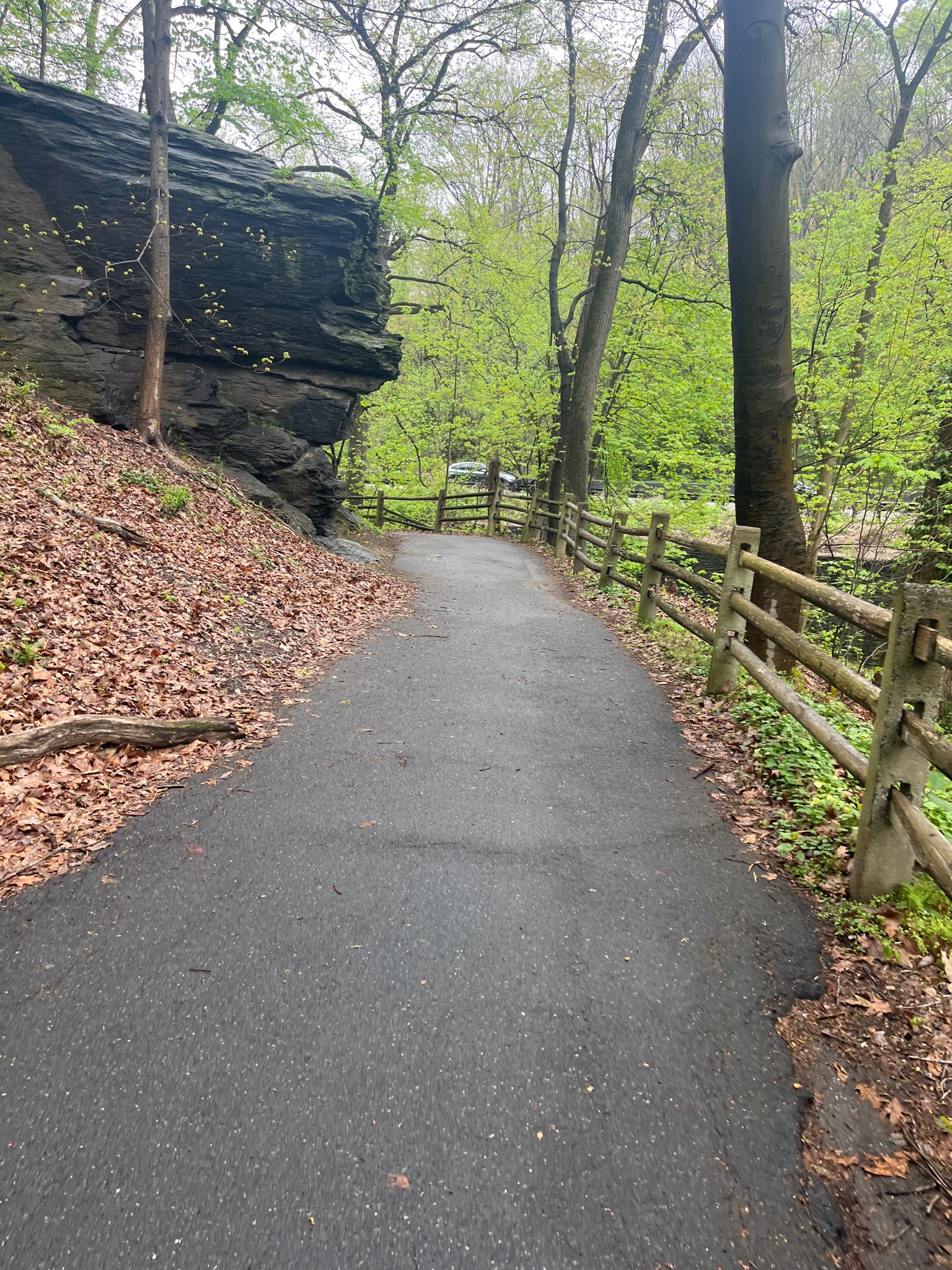 A paved path next to a large rock formation and a wooden fence. - Orange Trail