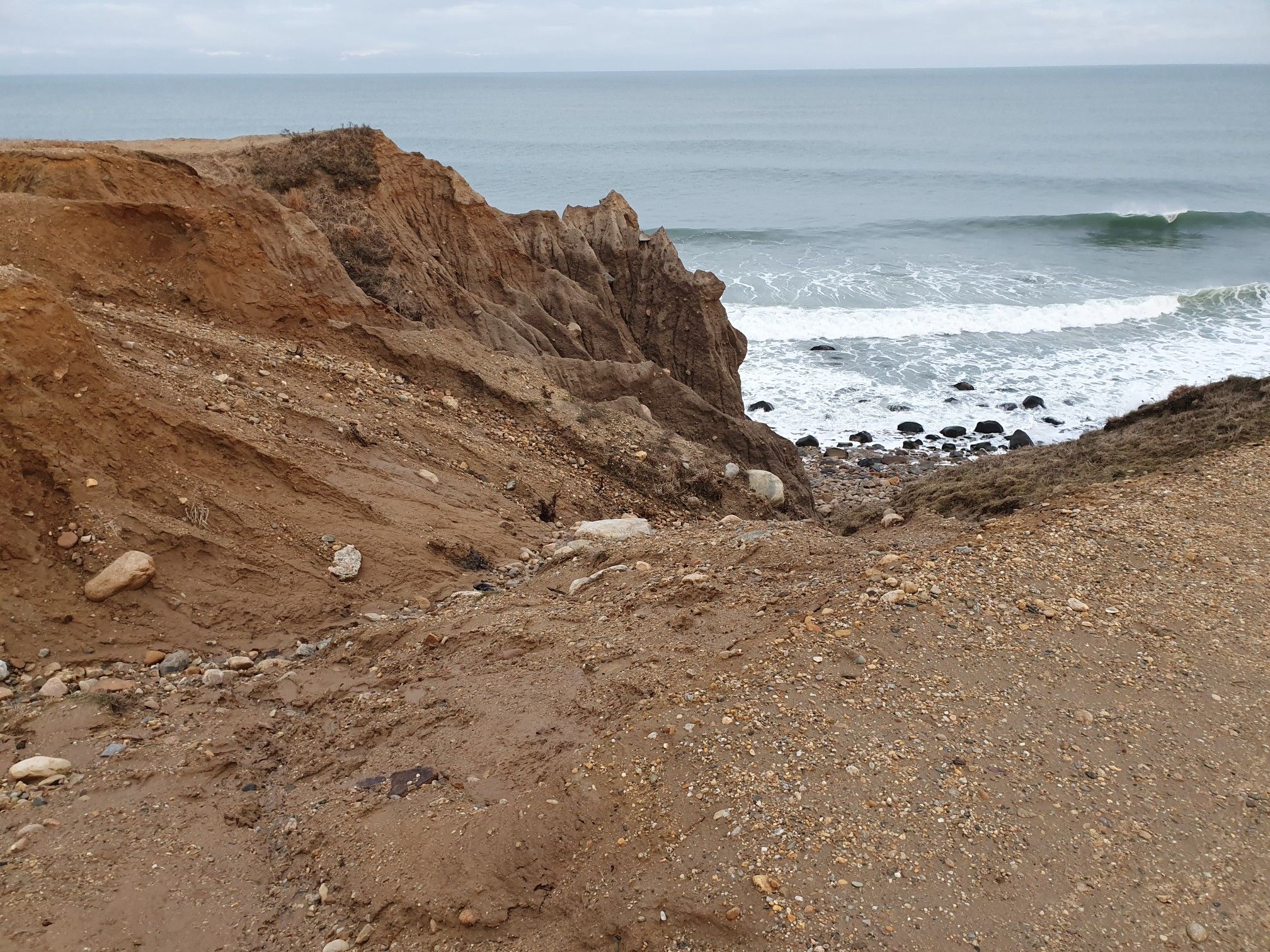 Eroding sandy cliffs overlook a rocky beach with waves under an overcast sky. - Paumanok Path: Montauk Point Loop