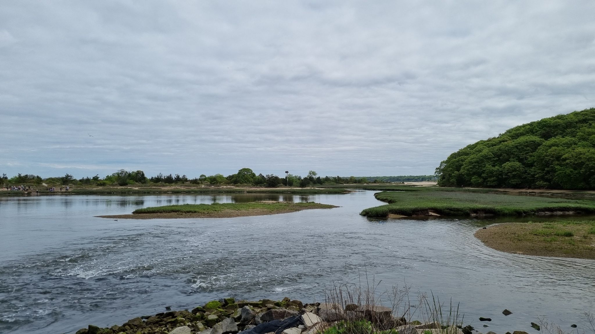 A wide river flows past green marshland under a cloudy sky. - Running loop from Sunken Meadow State Park