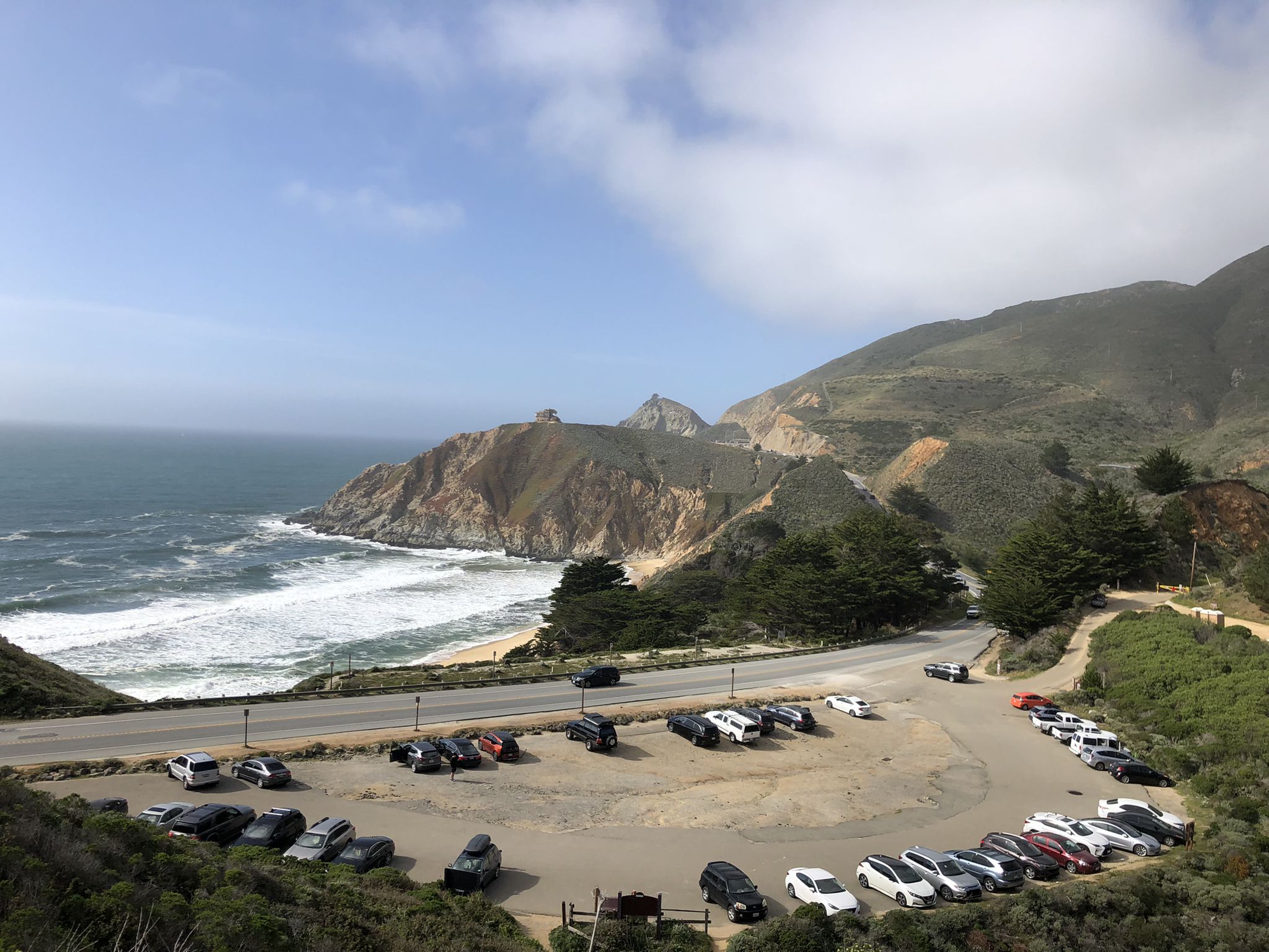 Coastal highway with a parking lot overlooking the ocean and cliffs. - San Pedro Mountain to Old Colma Road Loop