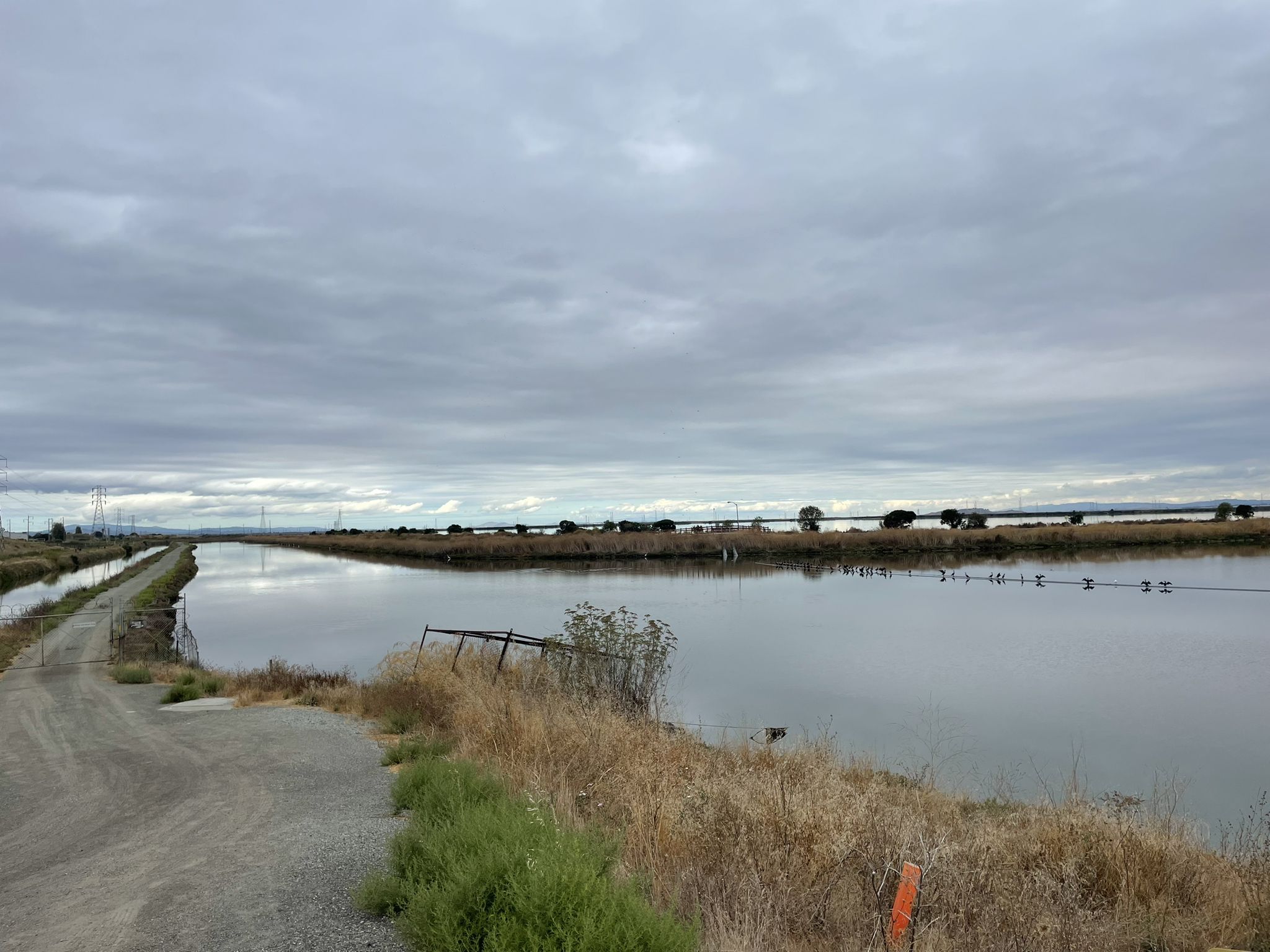 A wide waterway with a dirt path under a cloudy sky. - San Francisco Bay Trail: Sunnyvale West Pond Loop