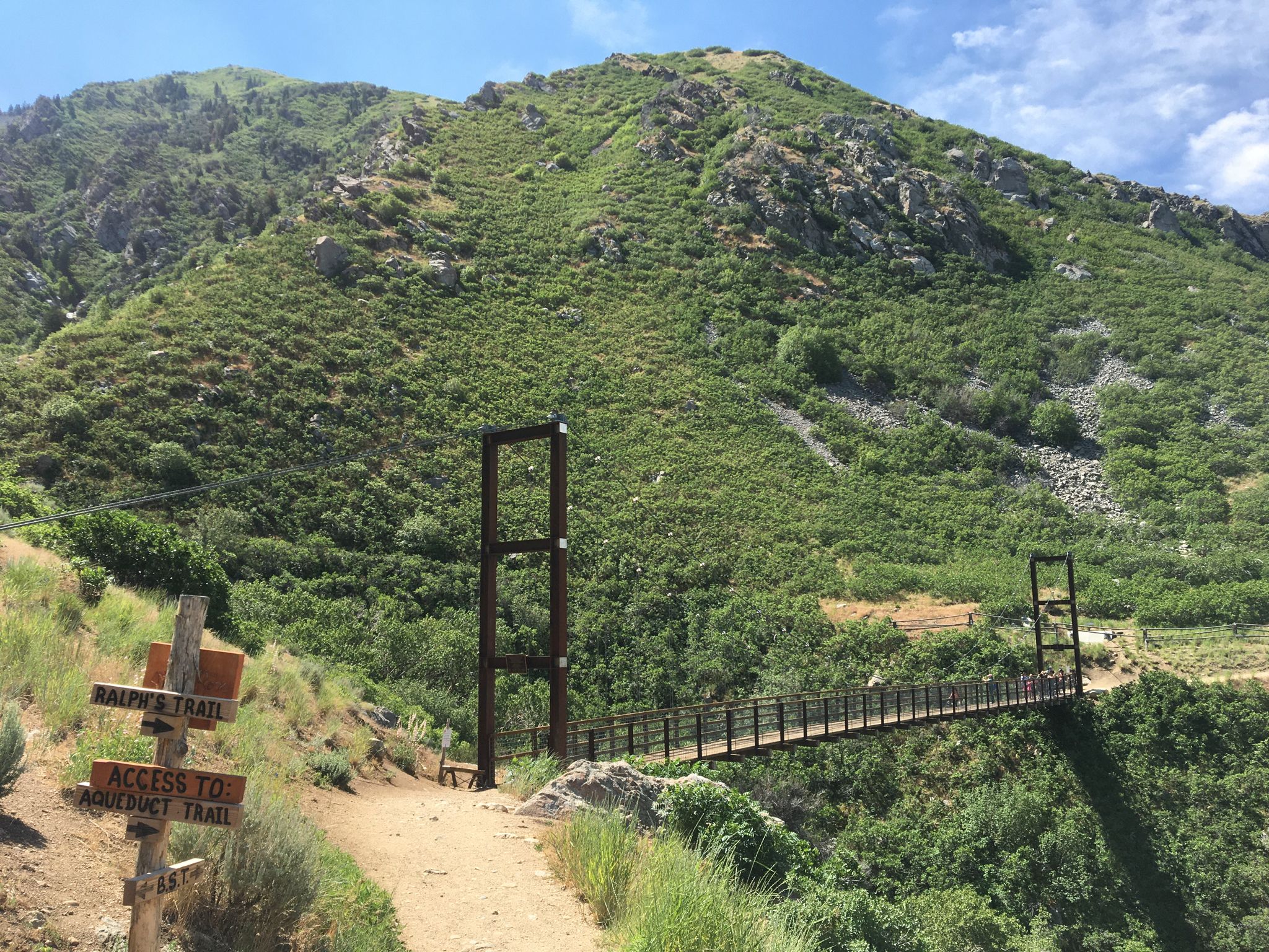 Dirt path leading to a suspension bridge over a ravine, with a steep green mountain. - Bear Canyon Bridge via Bonneville Shoreline Trail