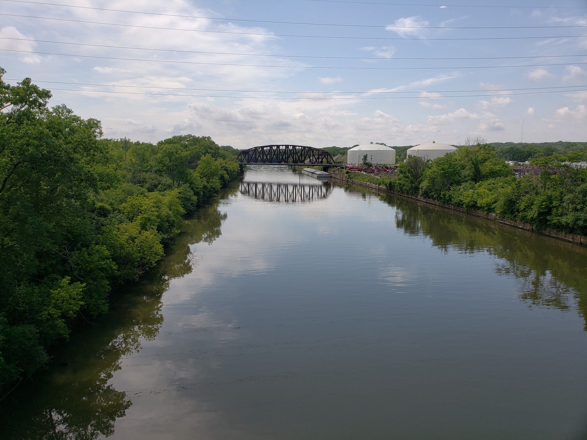 A wide river with a distant metal bridge, flanked by green trees under a cloudy sky. - Saganashkee Slough – Centennial Trail loop from Midlothian