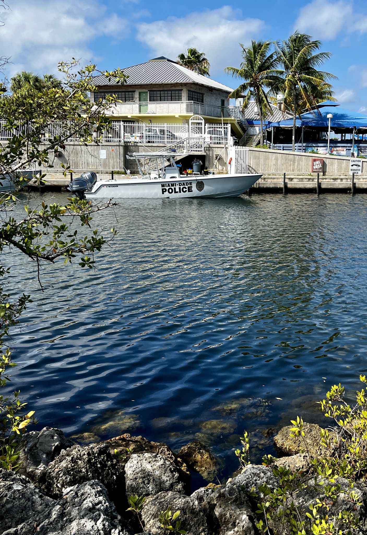 A police boat docked near a building and palm trees by the water. - Biscayne Greenway Trail