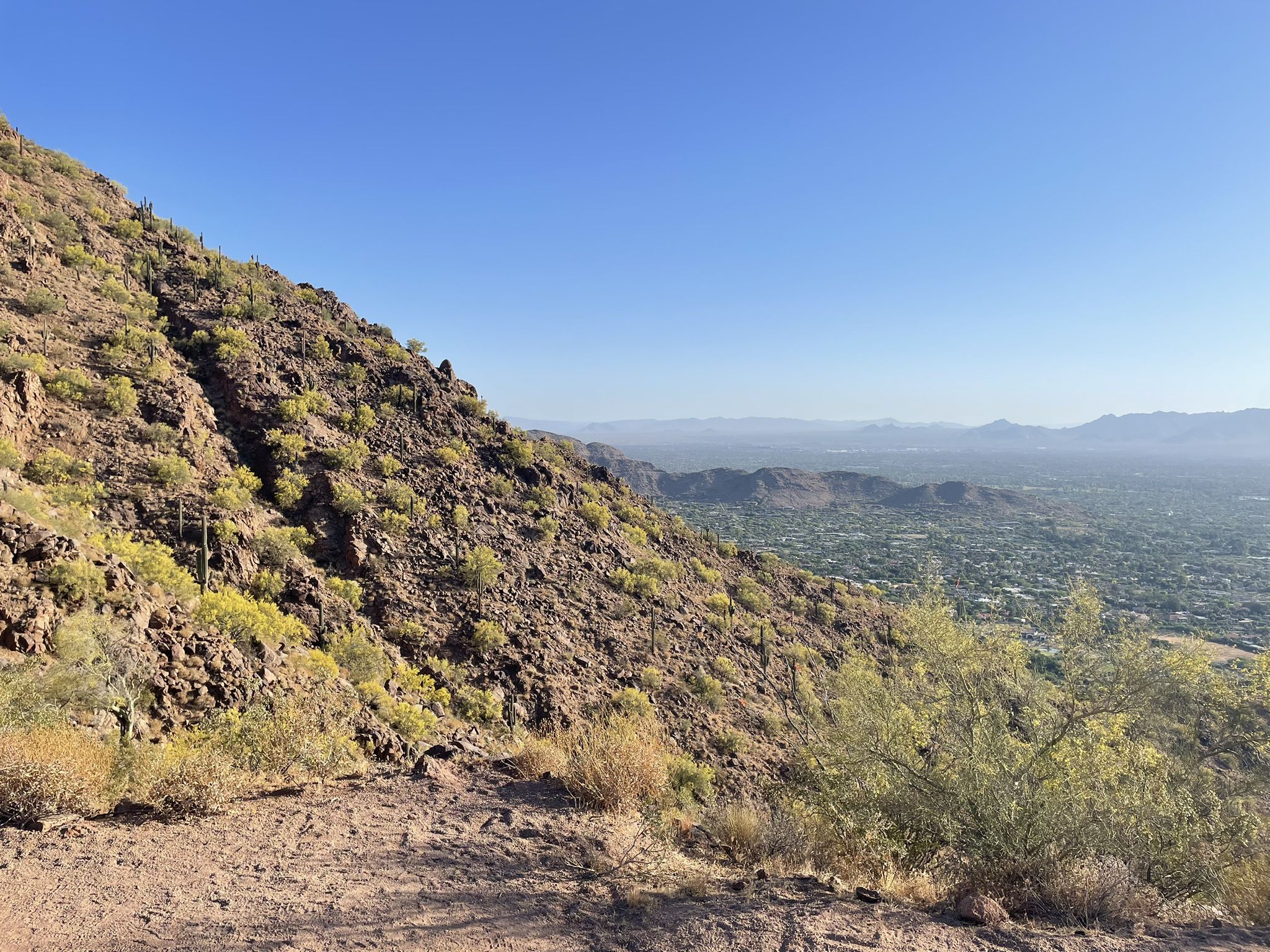 Rocky desert hillside with sparse green brush overlooking a distant city. - Hiking loop from Camelback Mountain