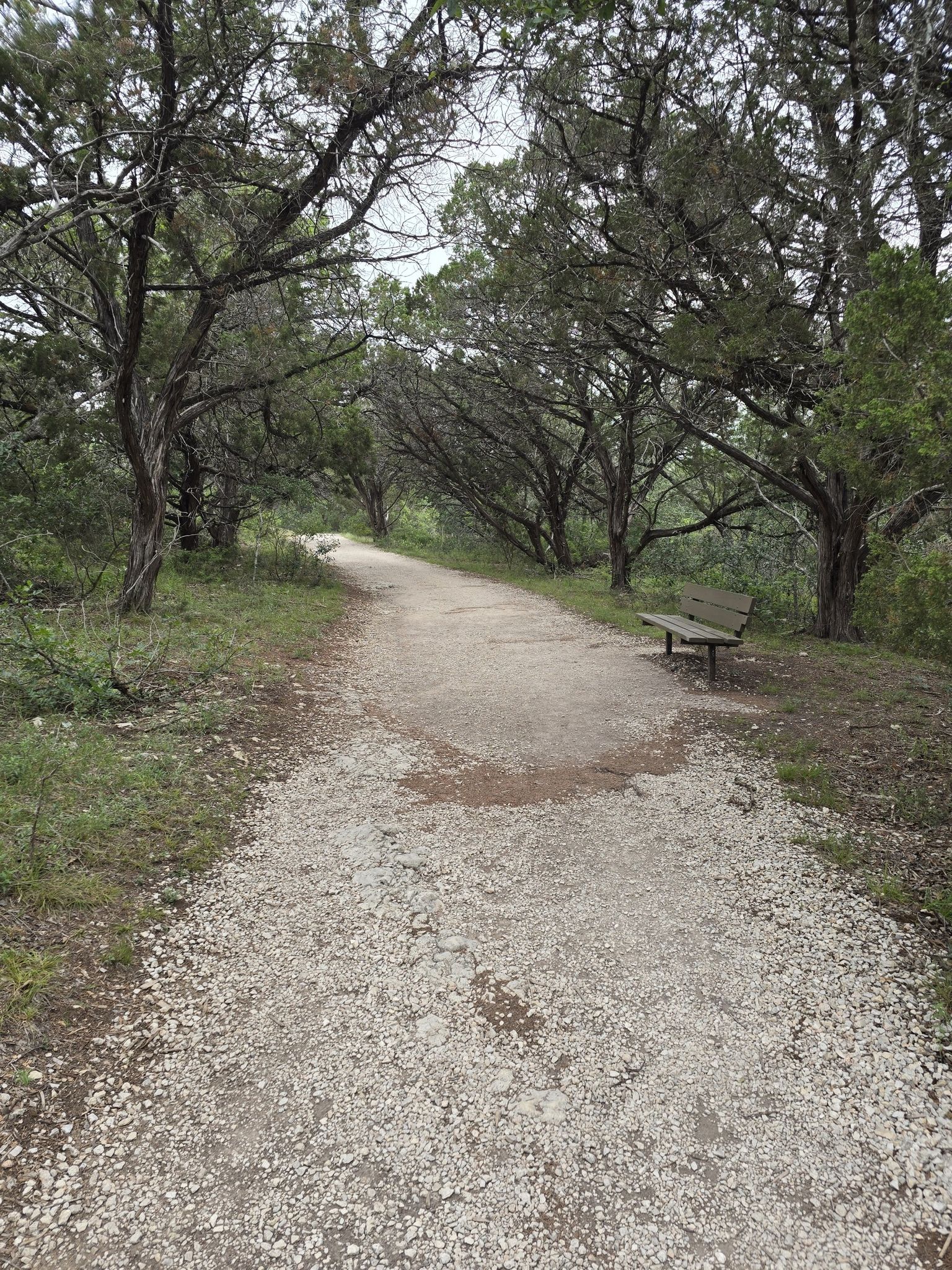 Small rocks gravel trail with bench for rest