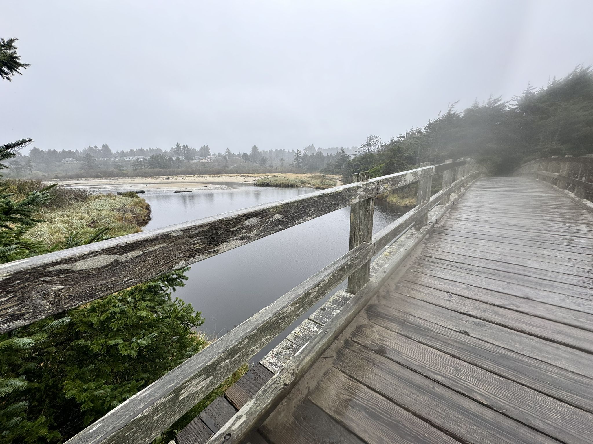 A wooden boardwalk extends beside a calm lake on a foggy day. - Ona Beach