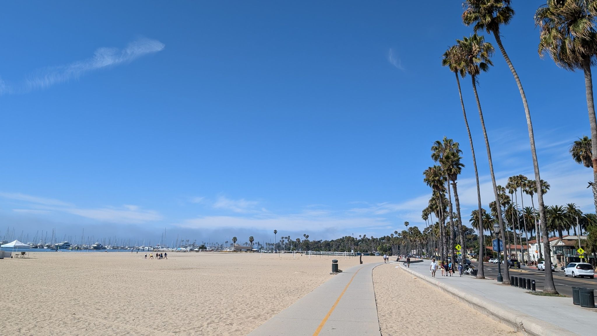 Wide sandy beach, palm trees, and a distant pier on a sunny day. - Stearns Wharf – Santa Barbara Harbor loop from Goleta
