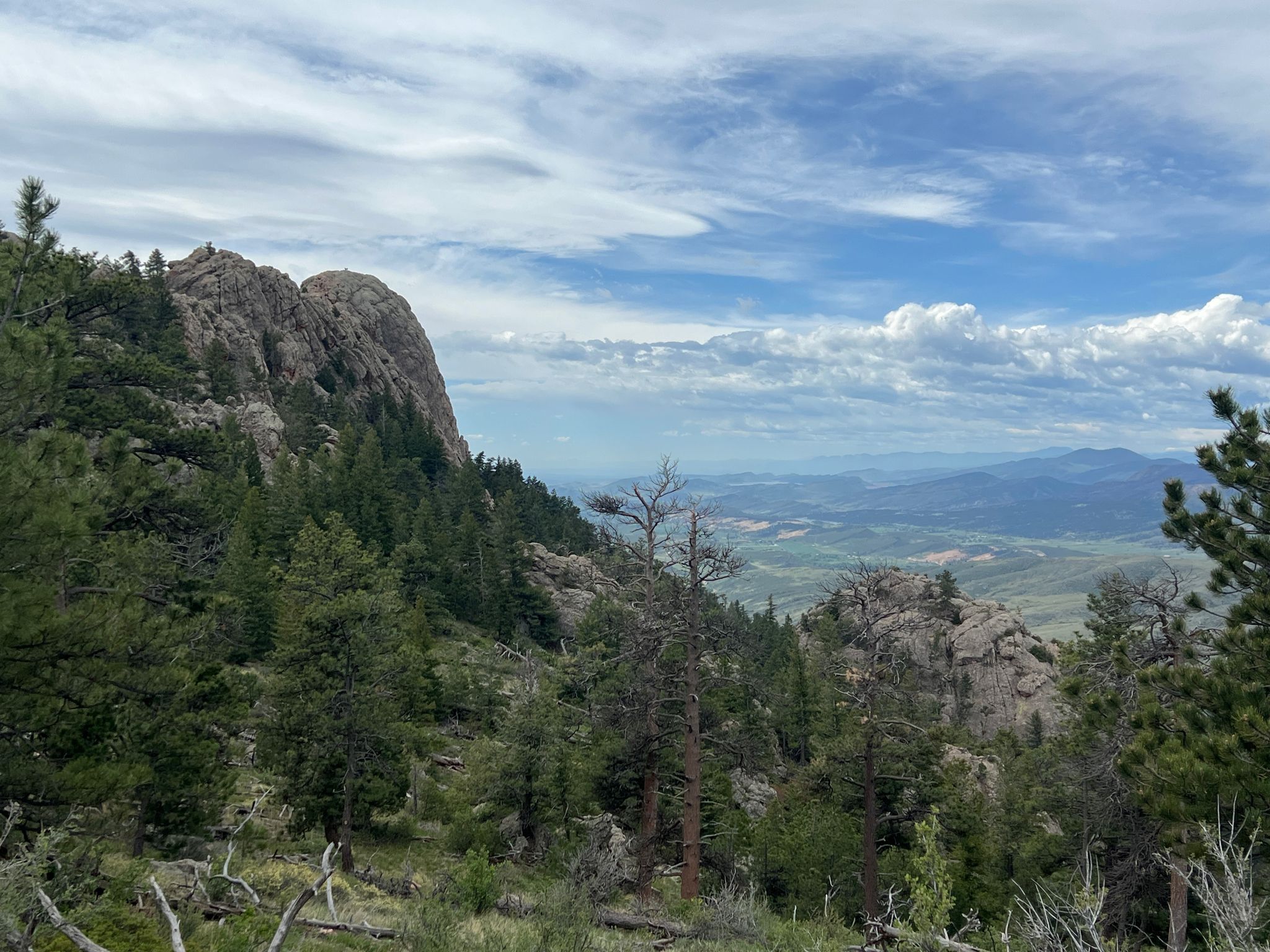 Rocky mountain peak and pine forest under a partly cloudy sky. - Horsetooth Mountain Trail