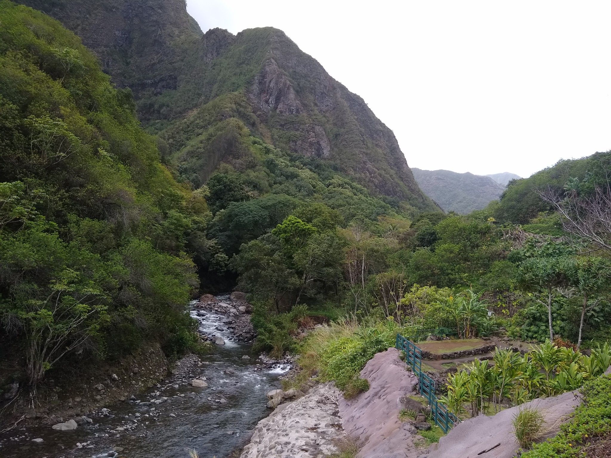 A rocky river flows through a lush, green mountain valley under an overcast sky. - ʻĪao Needle via Wailuku