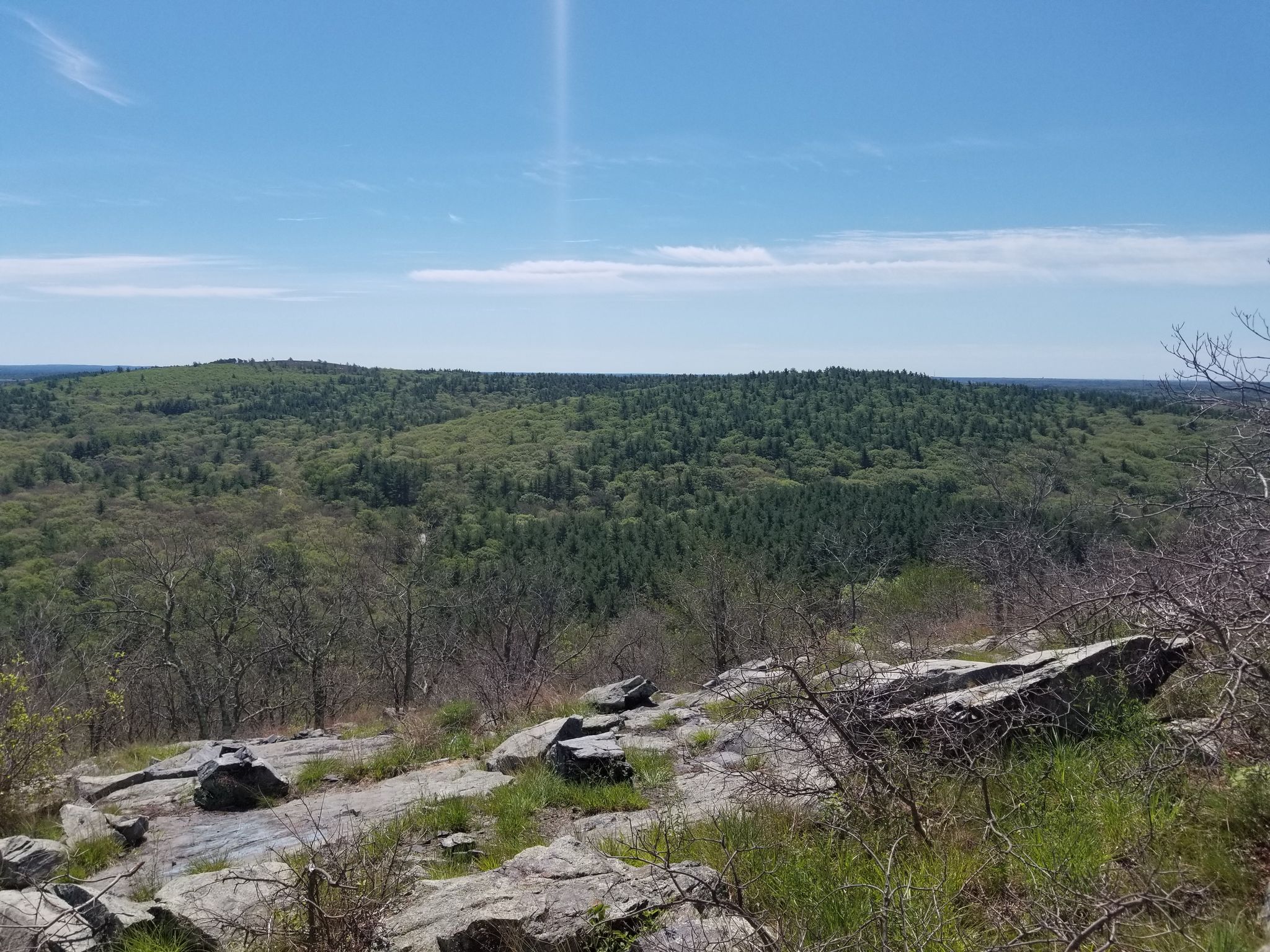 Panoramic view of green forested hills under a bright blue sky, rocky foreground. - Hancock Hill – Saint Moritz Pond loop from Blue Hills Reservation