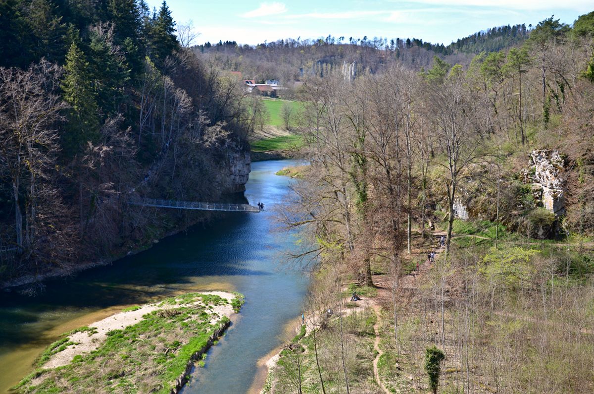 Blick vom Amalienfelsen auf die Hängebrücke und den Nickhof.