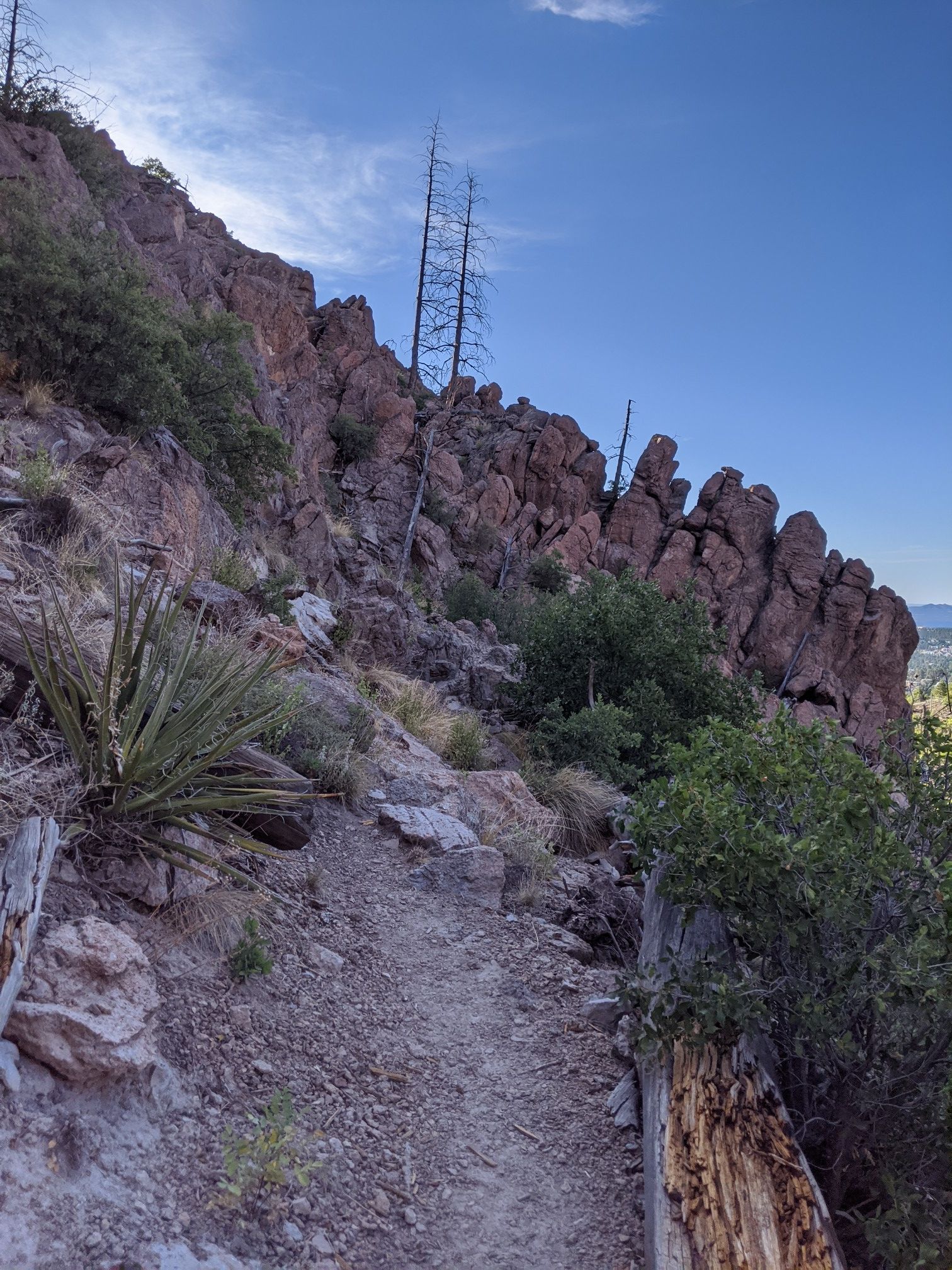 A rocky trail ascends a steep, arid hillside under a clear blue sky. - Natural Arch Trail