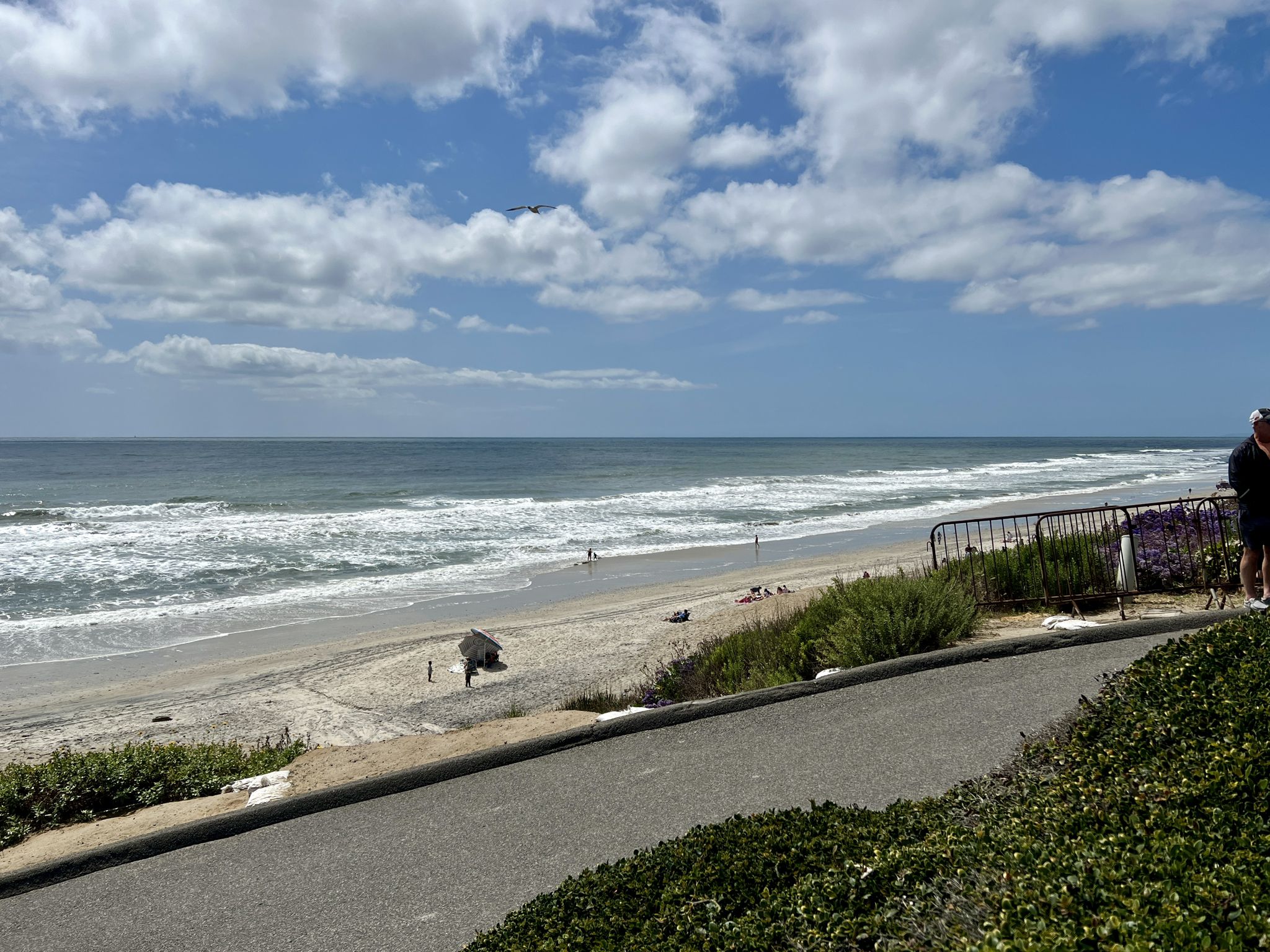 Beach scene with ocean waves, sandy shore, a paved path, and scattered people. - Carlsbad – Tamarack Beach loop from Carlsbad Village
