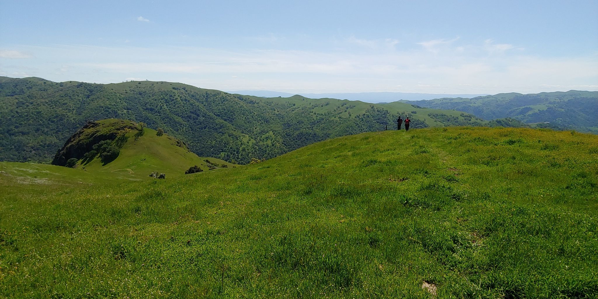 Two people stand on a vibrant green hilltop overlooking distant mountains. - Rose Peak From Sunol