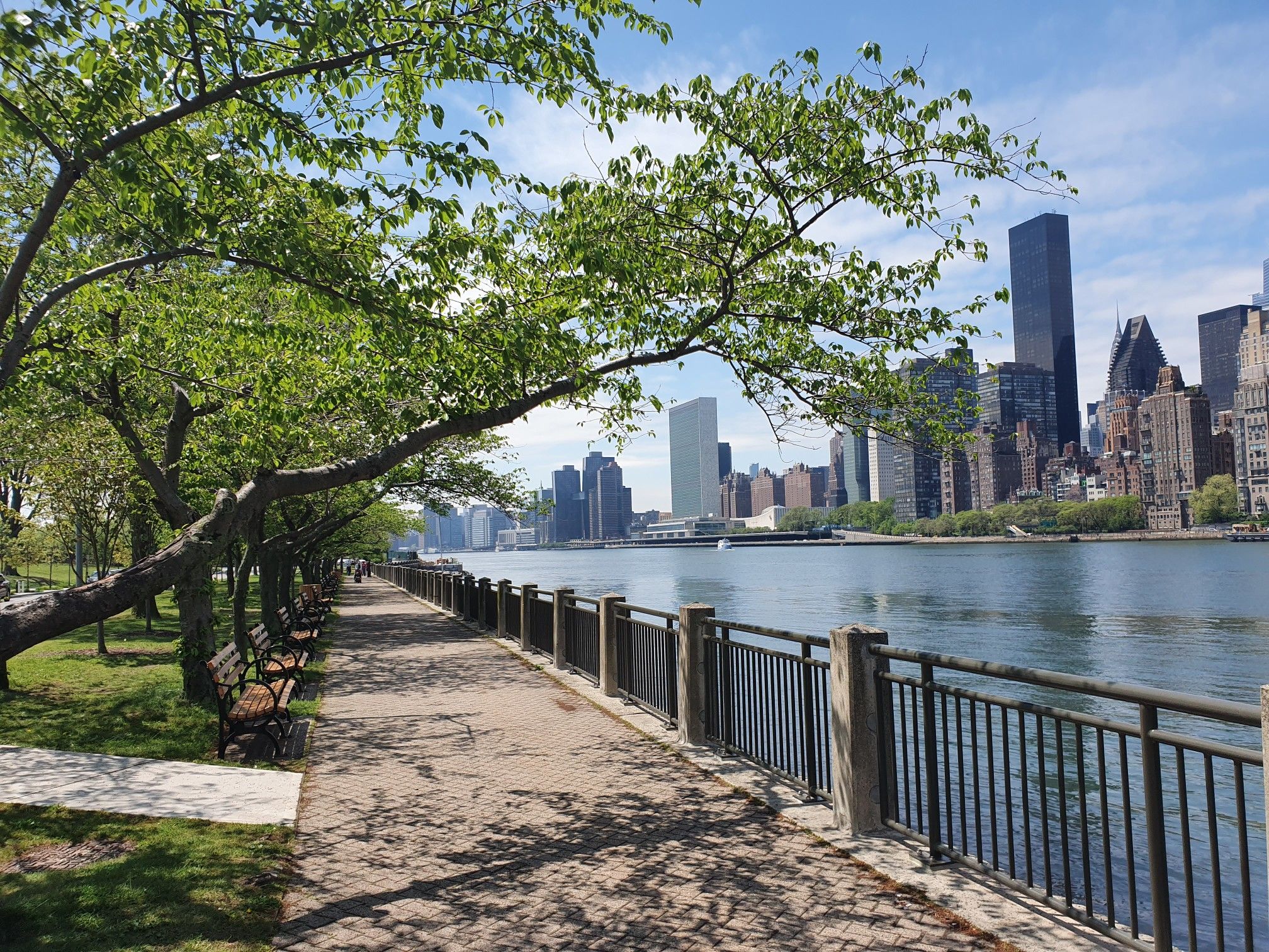 Shaded waterfront path with benches, green trees, and a city skyline across the river. - Southpoint Park – Roosevelt Island Tramway loop from Court Square–23rd Street