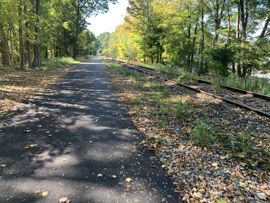 Paved path and old railroad tracks through a sunny forest with autumn leaves. - Whaley Lake – Whaley Lake loop from Holmes