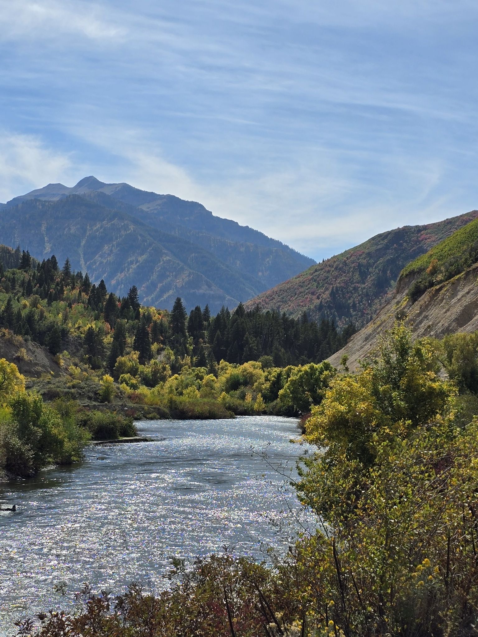 River winding through a mountain valley with colorful autumn trees under blue sky. - Provo River Parkway