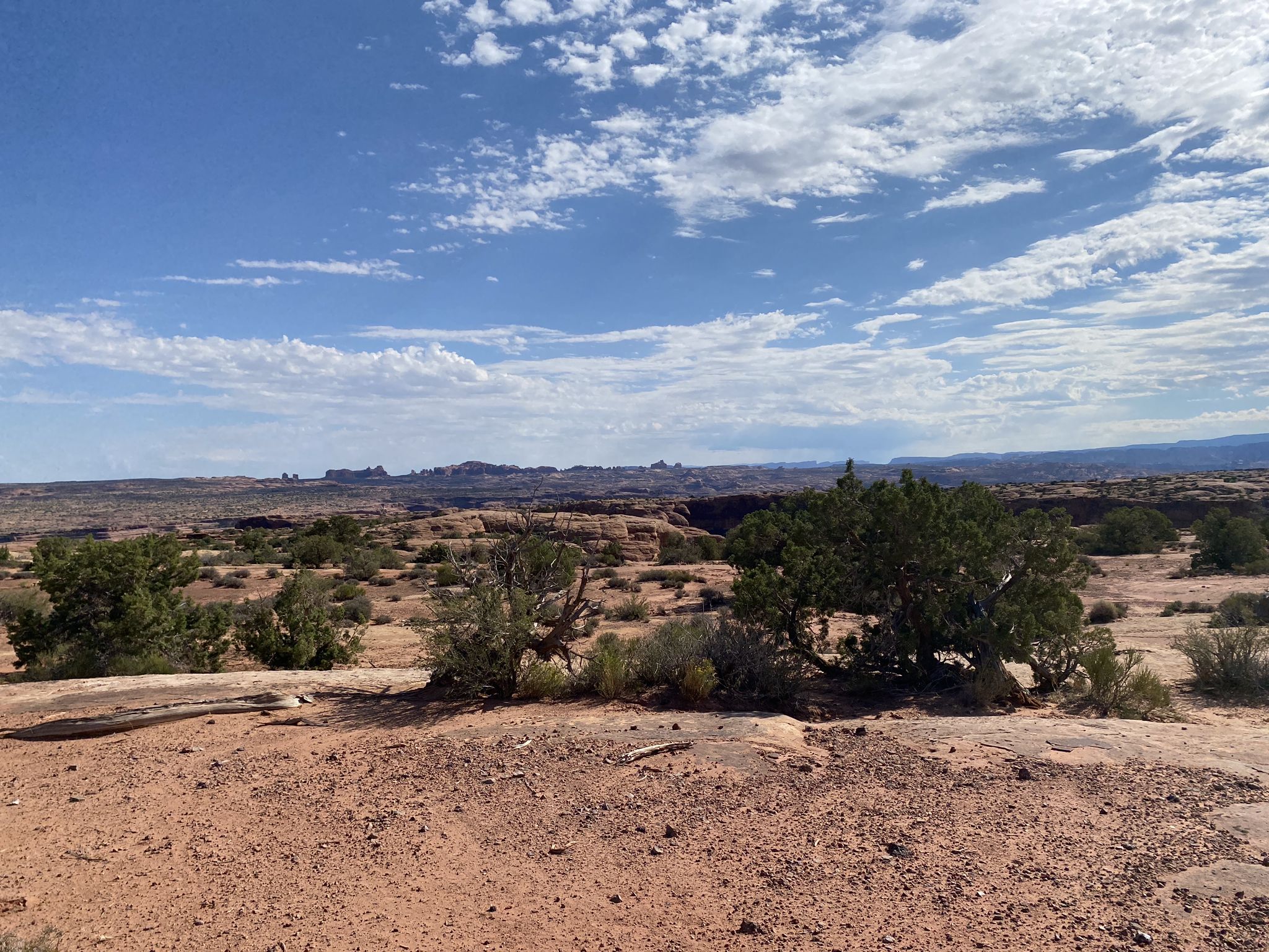 Expansive desert landscape with scattered green bushes under a partly cloudy sky. - Moab Brands Parking – Circle O Trail loop from Heat Wave Butte