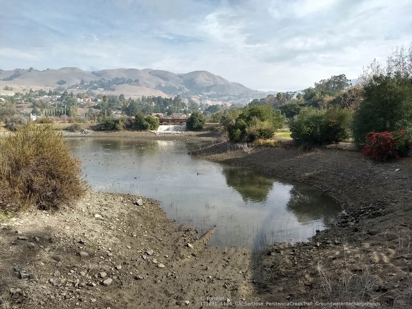Partially dry pond with muddy banks, hills, and distant houses under cloudy sky. - Penitencia Creek Trail
