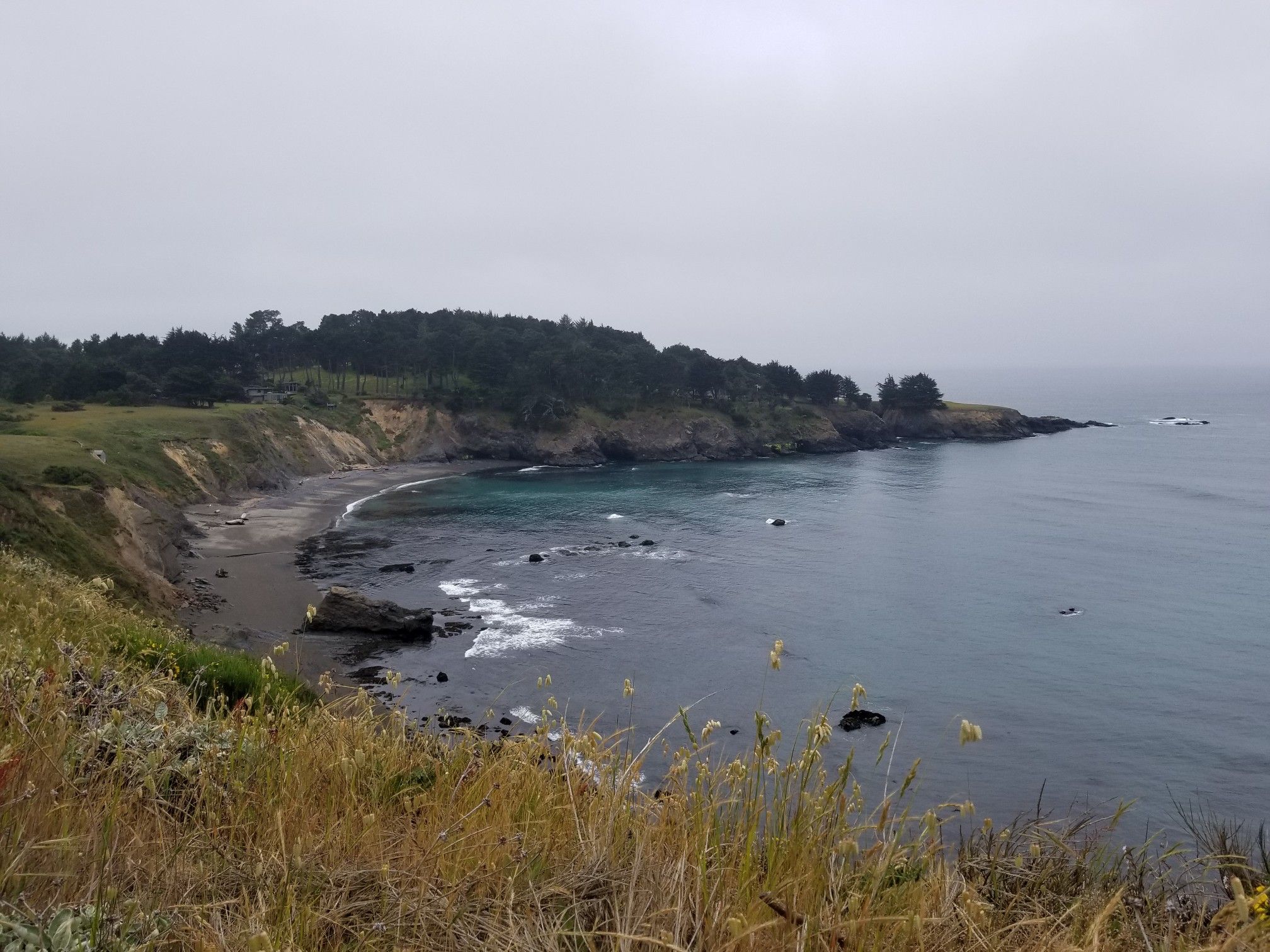 Overcast view of a rocky coastline with cliffs, beach, and ocean waves. - Jack Peters Creek bridge – Big River 🌉- Mendocino loop from Russian Gulch State Park