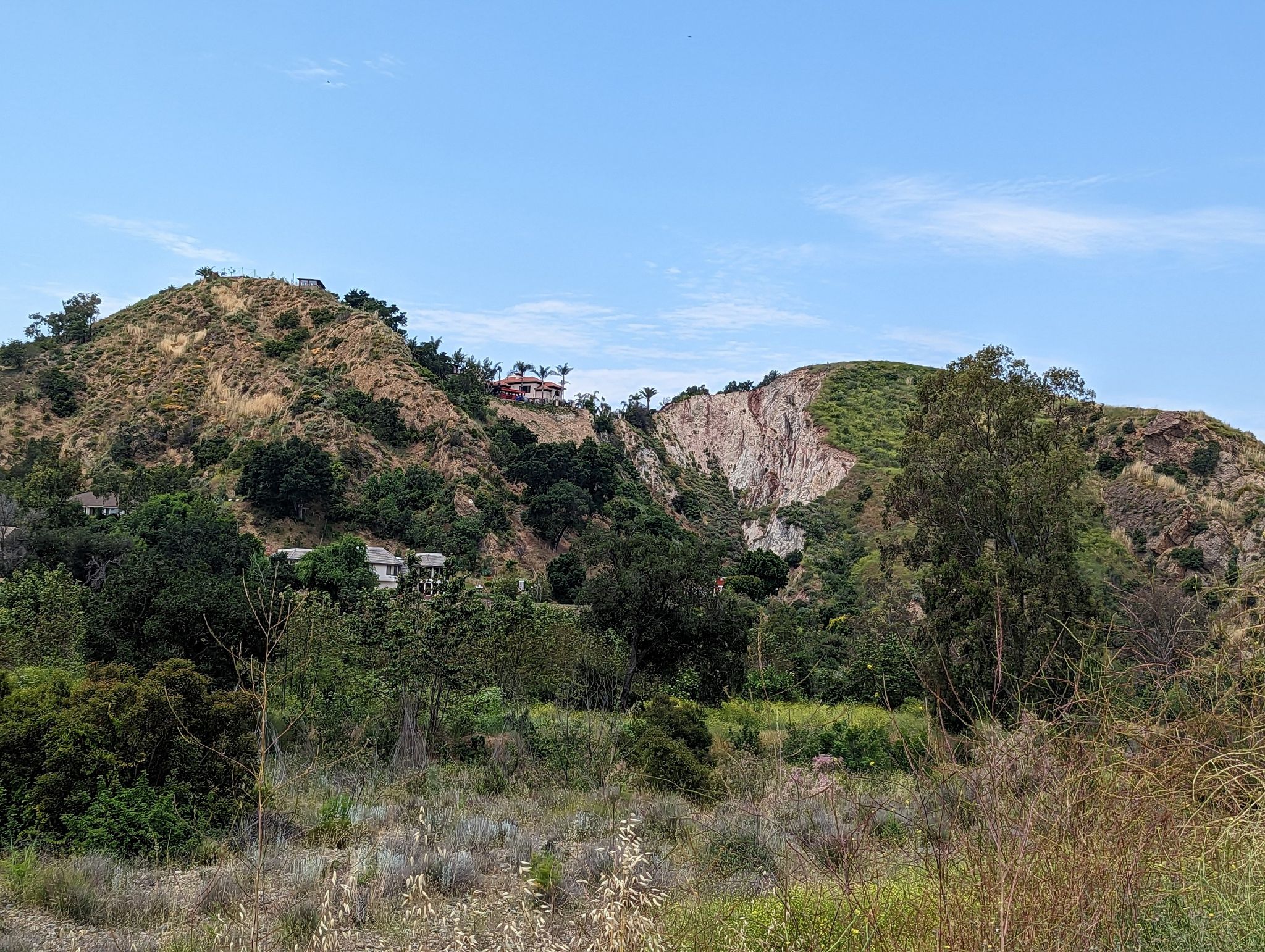 Hilly landscape with scattered trees and distant houses under a blue sky. - Skull Rock and Historic Dam Trail