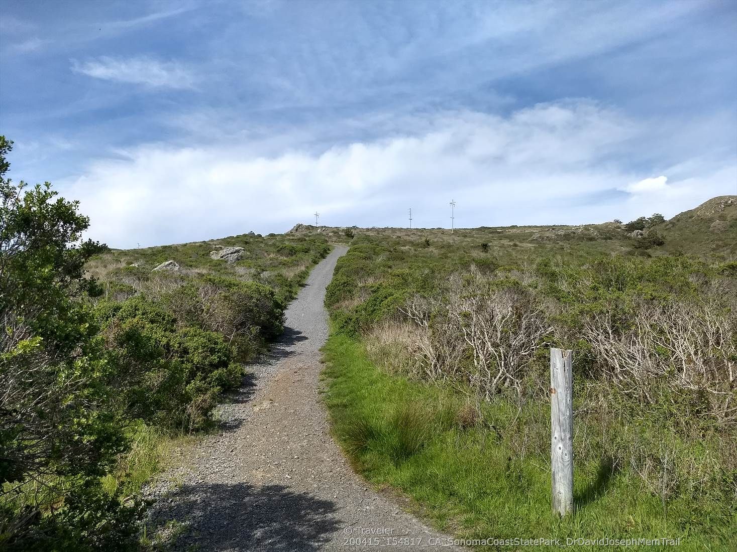 A winding dirt path ascends a grassy, shrub-covered hillside under a cloudy sky. - Pomo Canyon and Red Hill Loop Trail