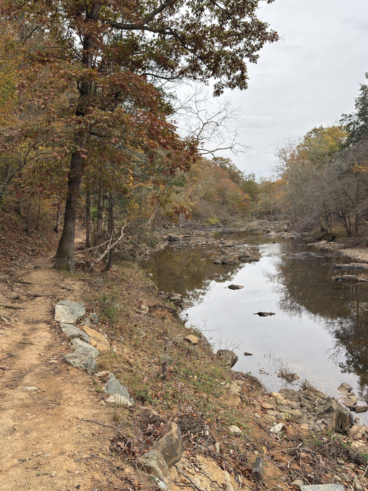 Dirt path alongside a calm river with autumn trees under an overcast sky. - Ridge and Shakori Trails Loop