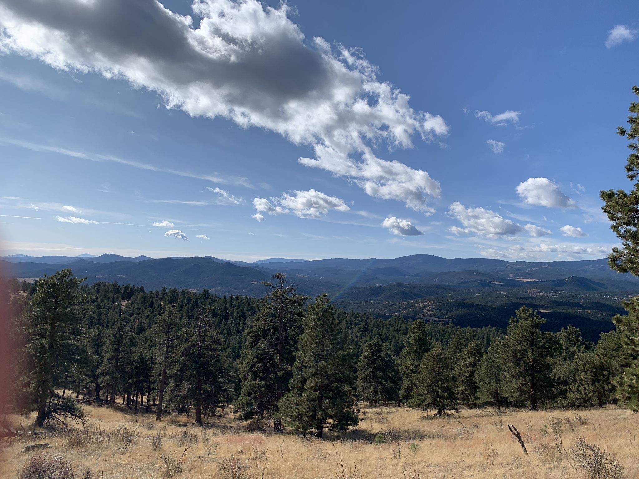 Panoramic view of forested mountains under a bright, partly cloudy sky. - Genesee Summit Trail