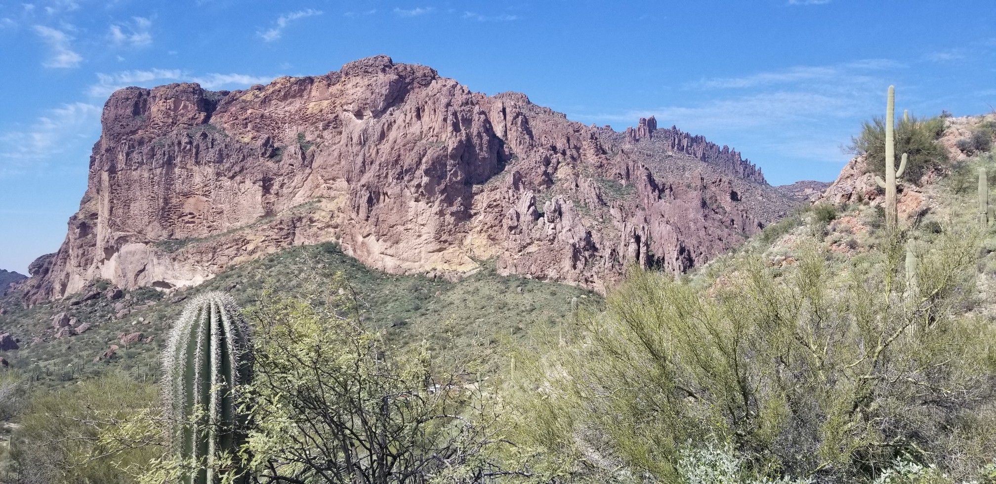 Large rocky mountain dominates a desert landscape with saguaro cacti under blue sky. - Miners Summit loop via Bluff Spring Canyon Trail