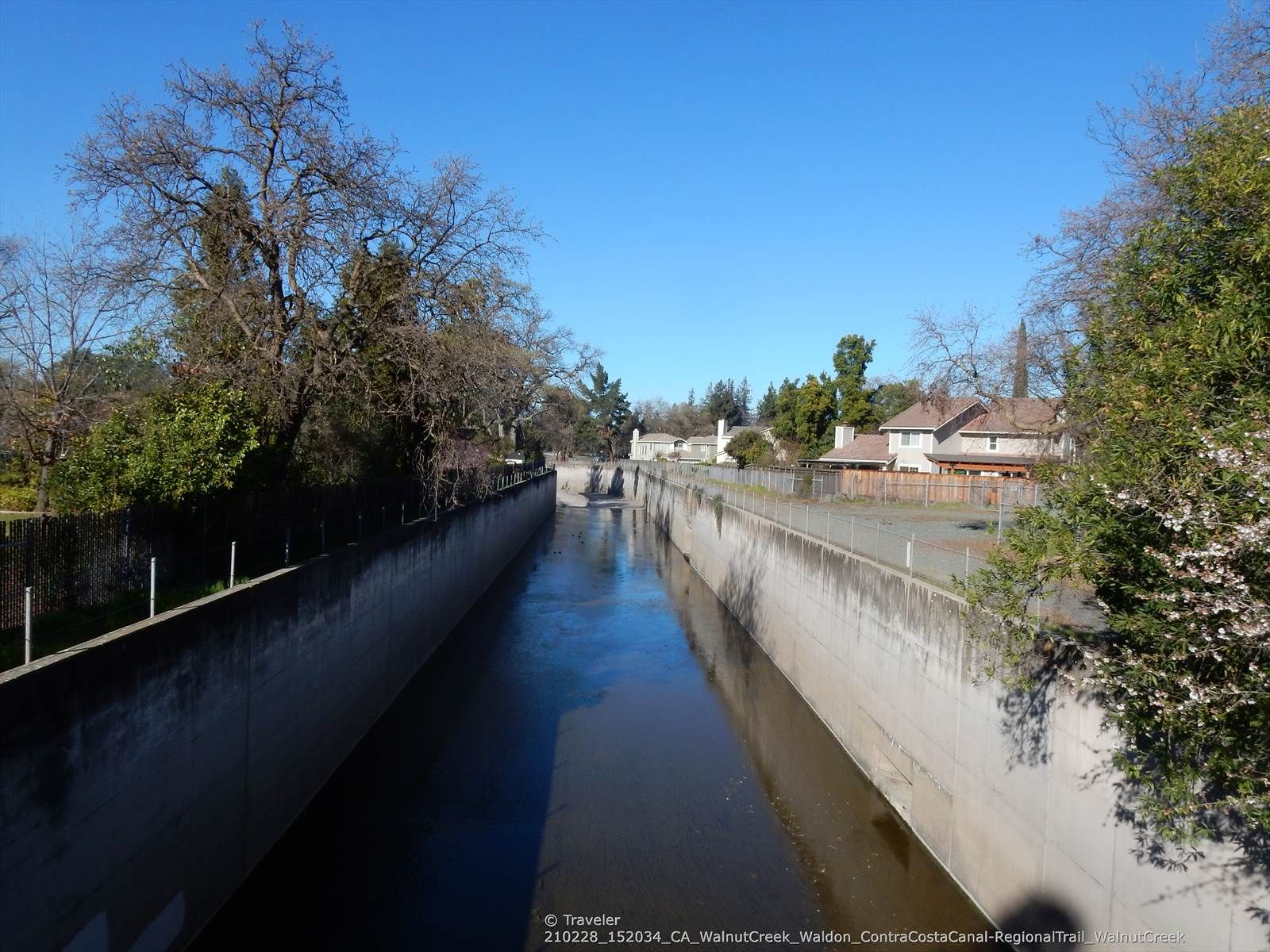 A wide concrete canal flows between trees and houses under a clear blue sky. - Iron Horse Trail junction – Iron Horse Trail loop from Bollinger Canyon Road & Dos Rios Drive