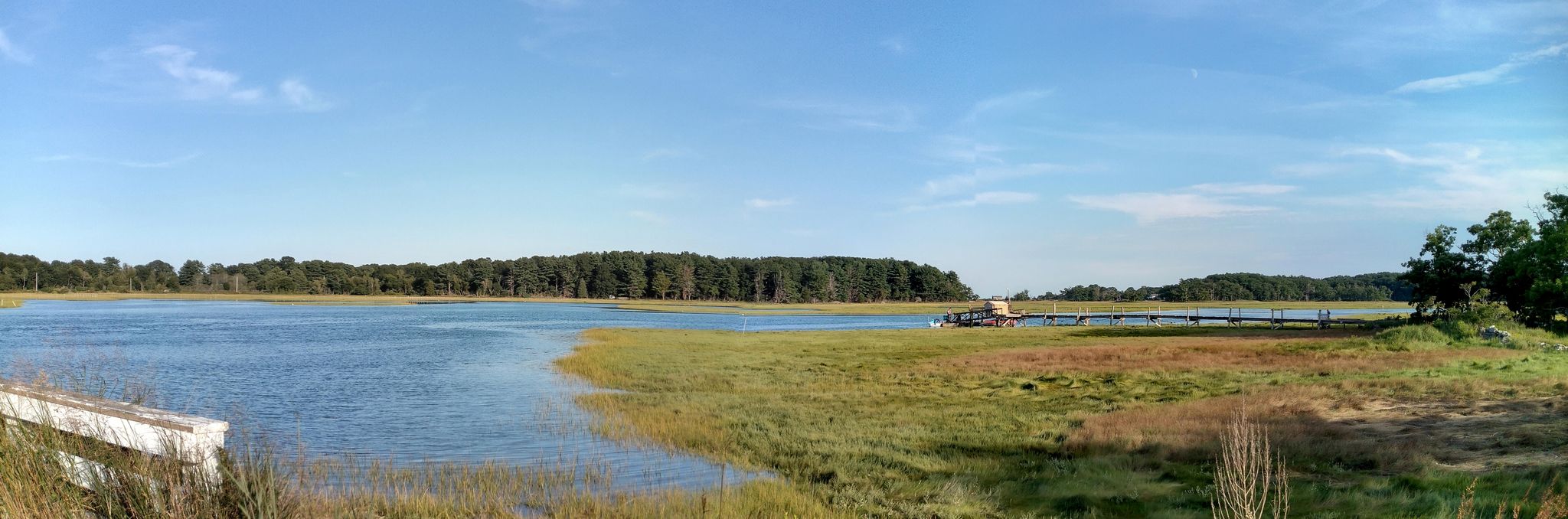 Sunny panoramic view of a wide river, green marsh, and distant forest. - Wallis Sands Beach overlook – Odiorne Point loop from Rye