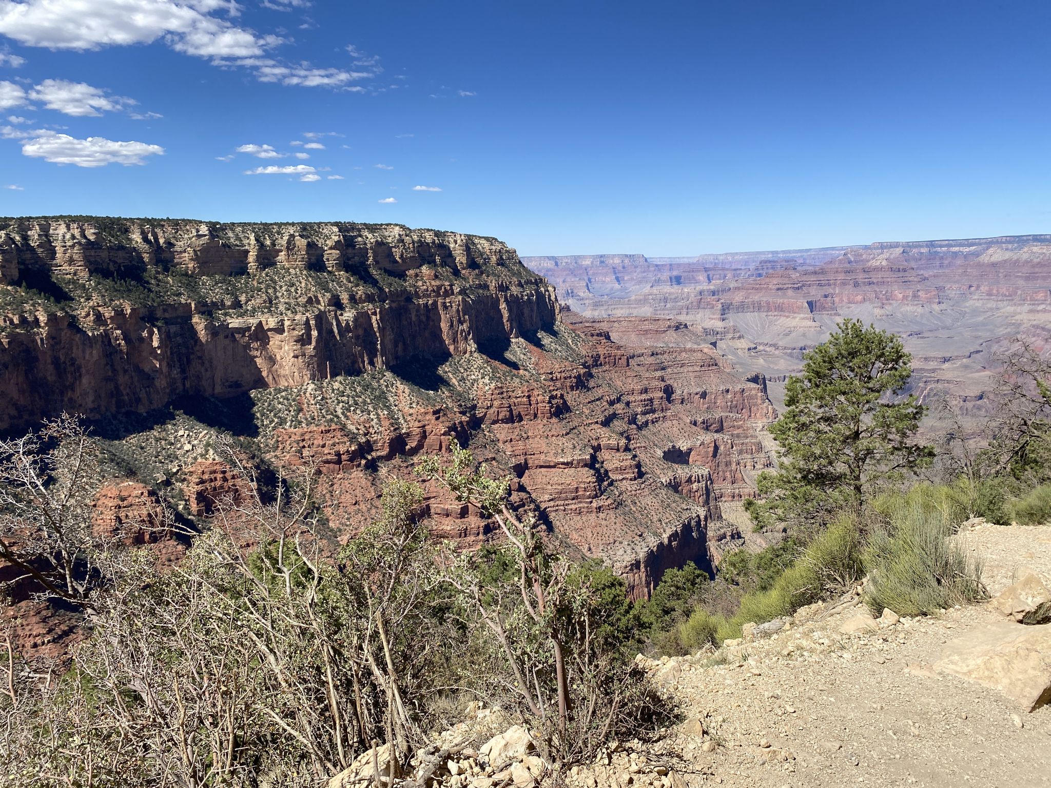 Expansive view of a vast, layered canyon under a clear blue sky. - Arizona National Scenic Trail