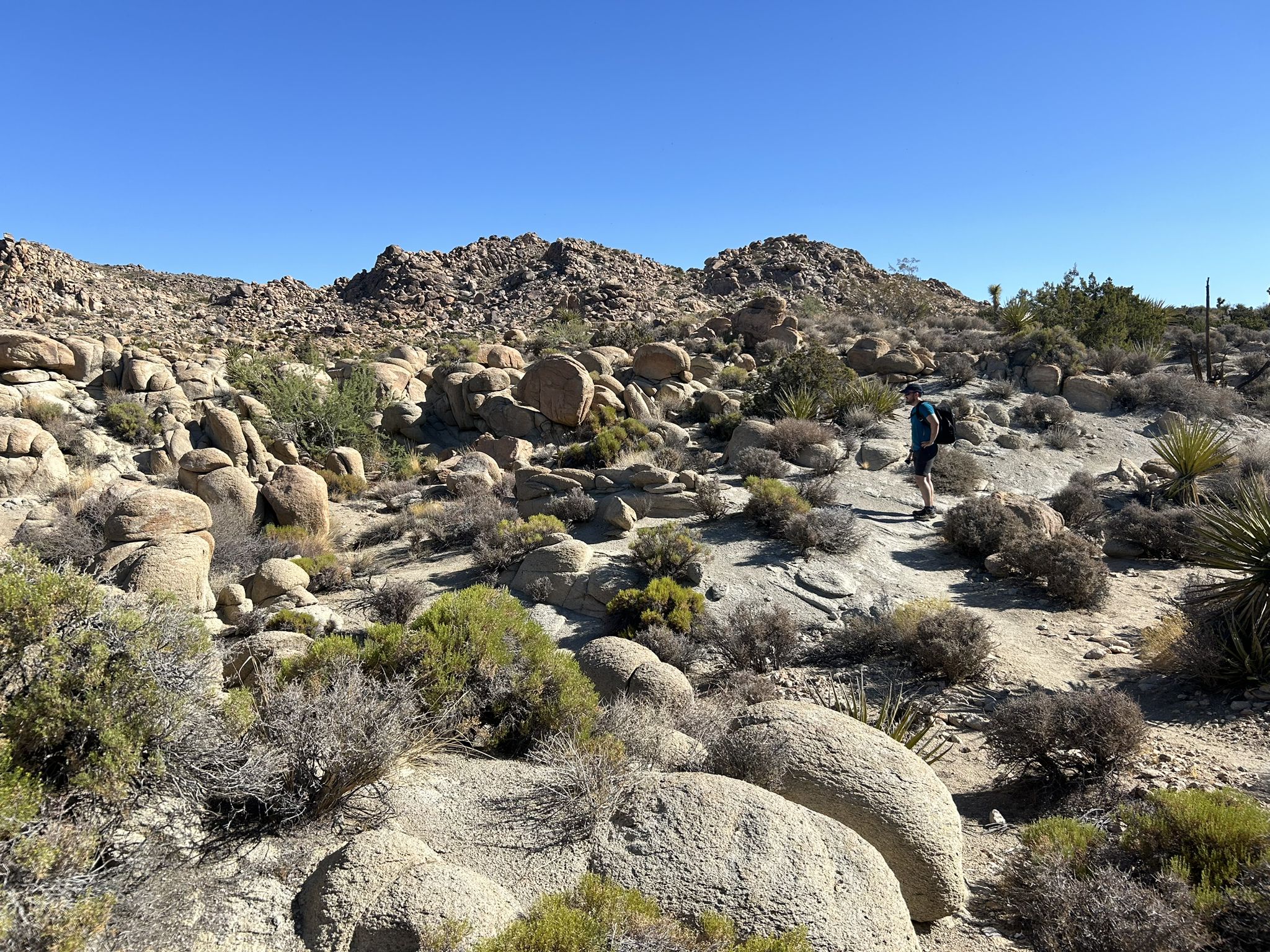 Hiker with backpack walks through a rocky desert landscape under a clear blue sky. - Bigfoot and Panorama Loop