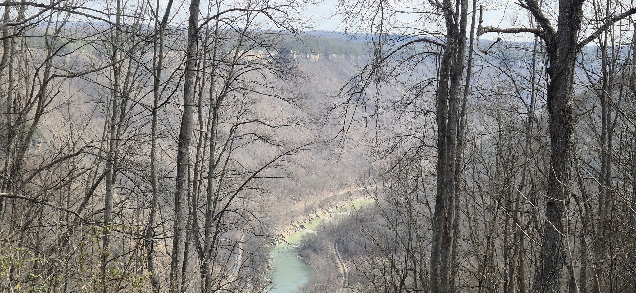 River winding through a valley, framed by bare trees under diffused light. - Bike loop from Fayette County