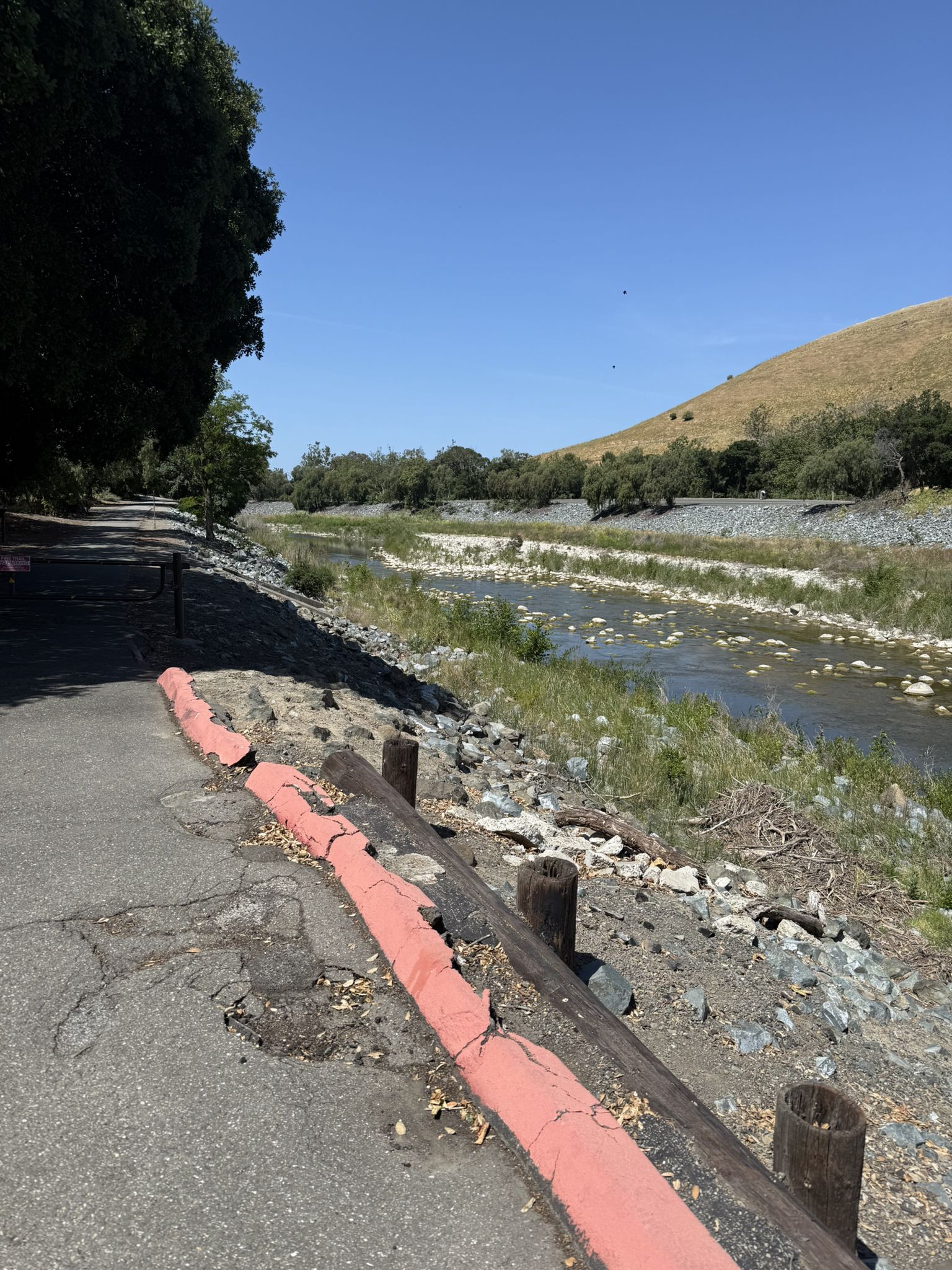 Paved path with red barriers runs beside a river under a clear blue sky. - Palomares Road loop from Union City