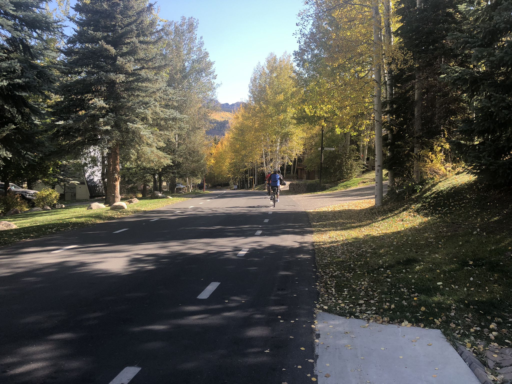 Person cycling on a paved path lined with green and yellow autumn trees. - Gore Valley Trail