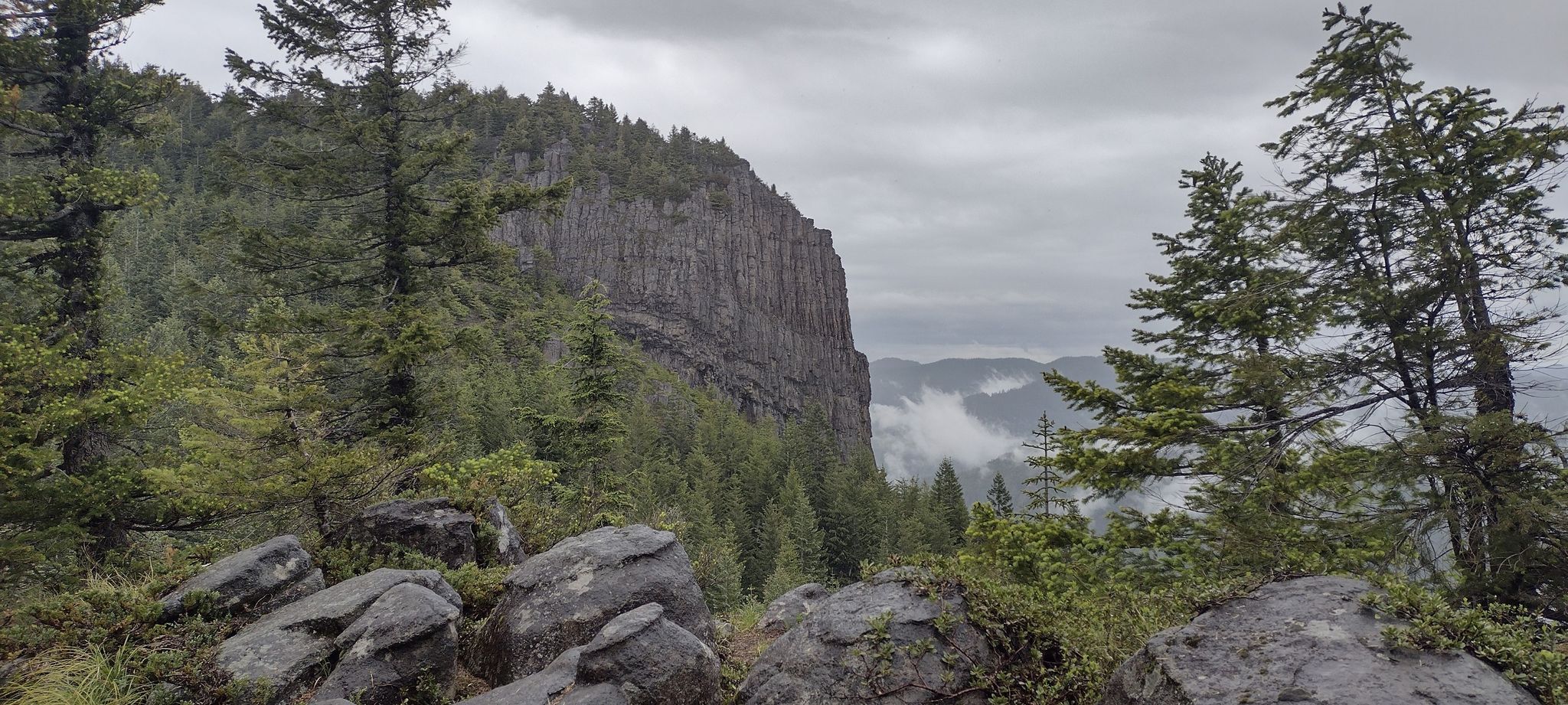 Steep rock cliff overlooks a misty, forested valley under cloudy skies. - High Ridge Trail
