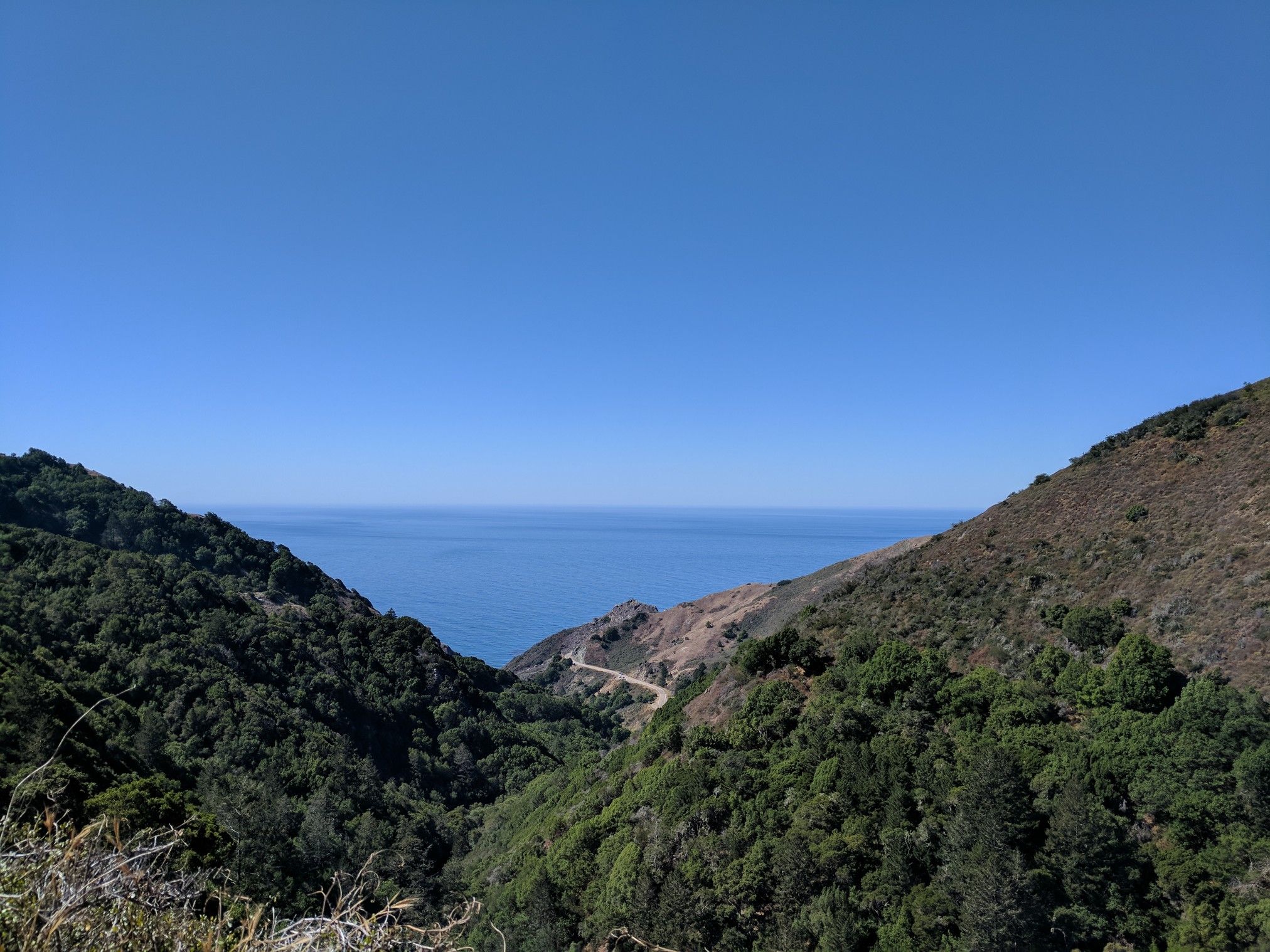 Expansive view of the blue ocean through a valley of lush green hills. - Salmon Creek Trail, Cruickshank Trail, and Buckeye Trail Loop